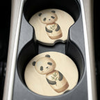 kawaii panda coaster in vehicle cup holder — watercolor bamboo car accessory