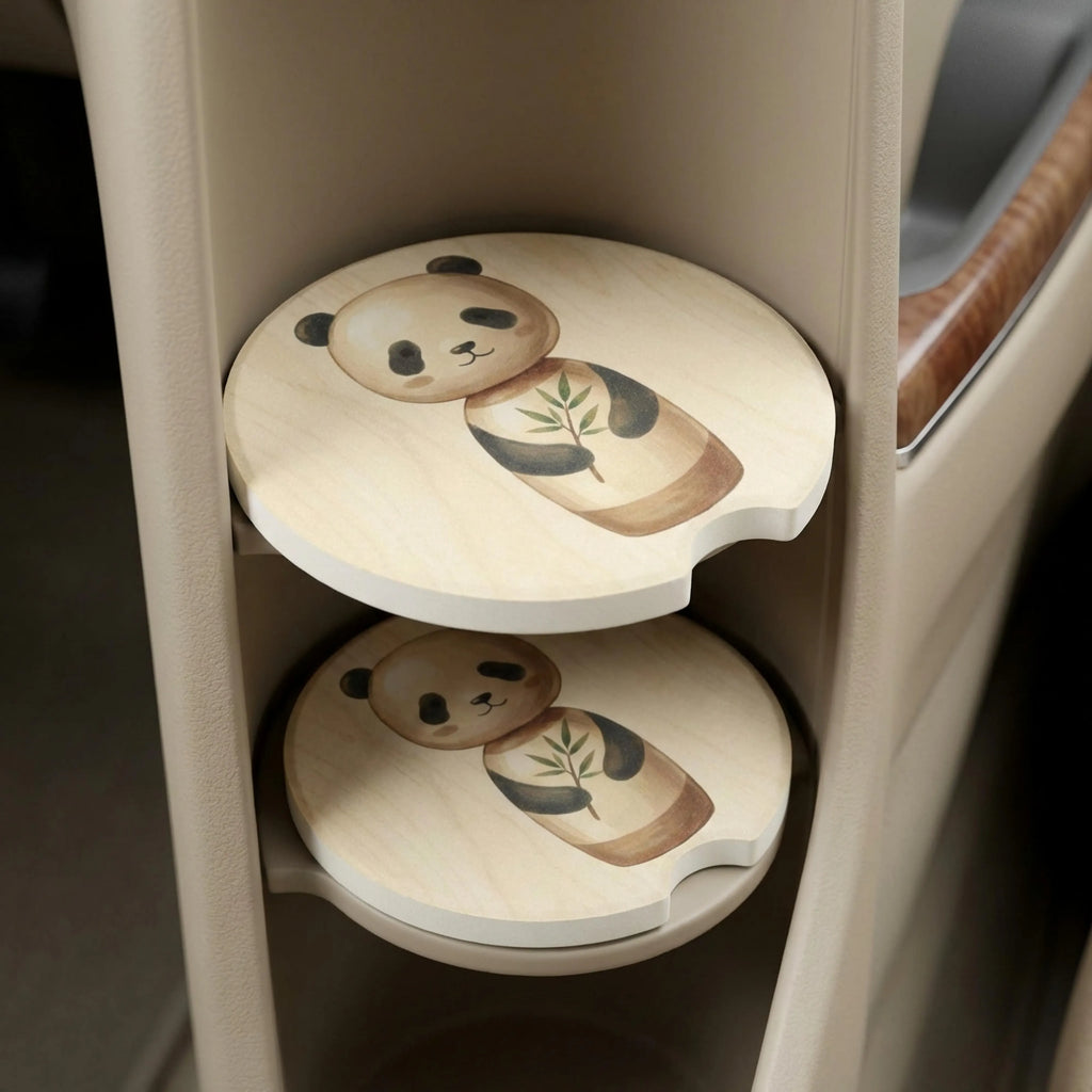 soapstone drink coaster with bamboo panda design — fits most car cup holders