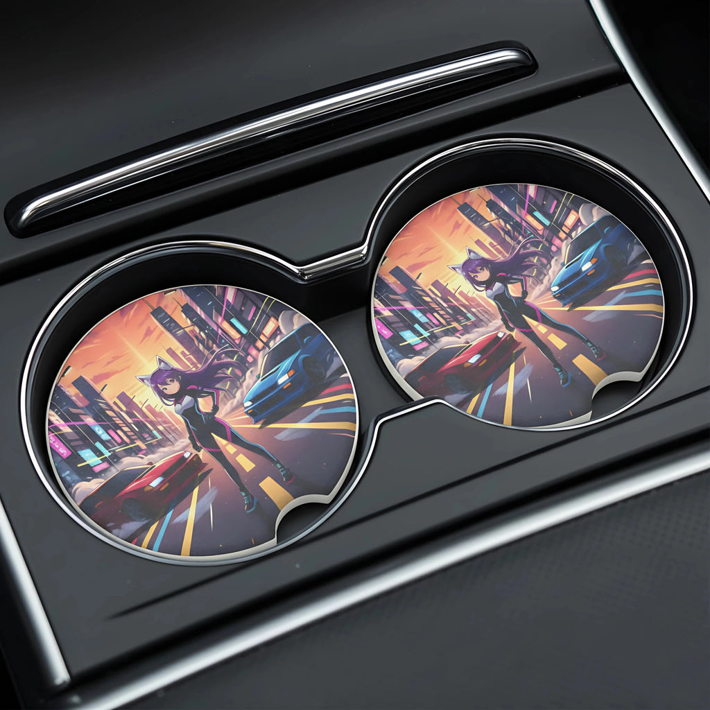 Anime Catgirl Street Racing Car Coasters Set - Road Muse