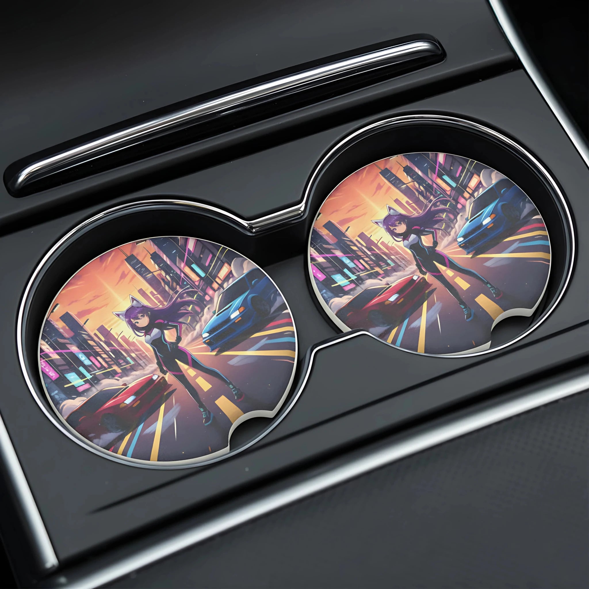 Anime Catgirl Street Racing Car Coasters Set - Road Muse