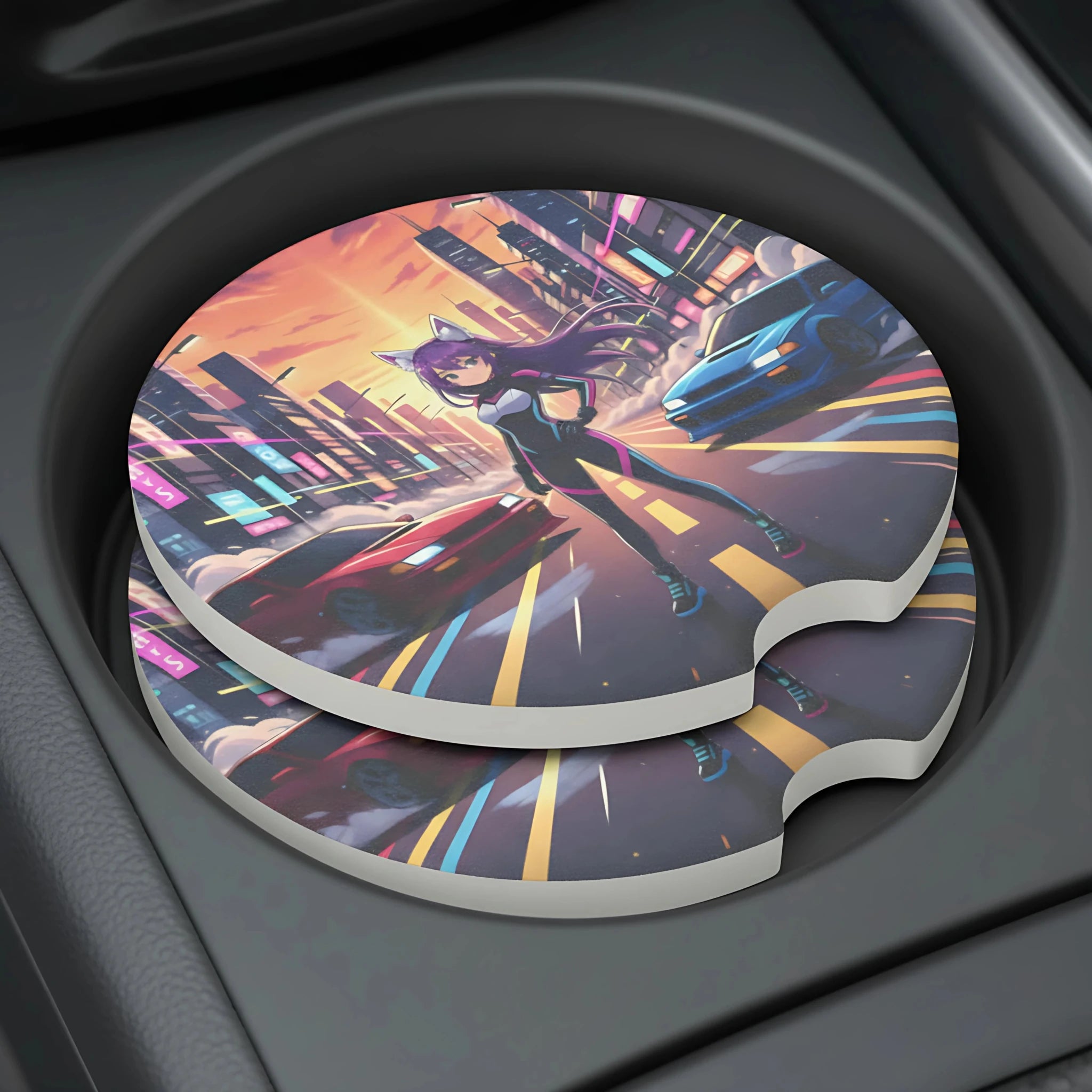 Anime Catgirl Street Racing Car Coasters Set - Road Muse