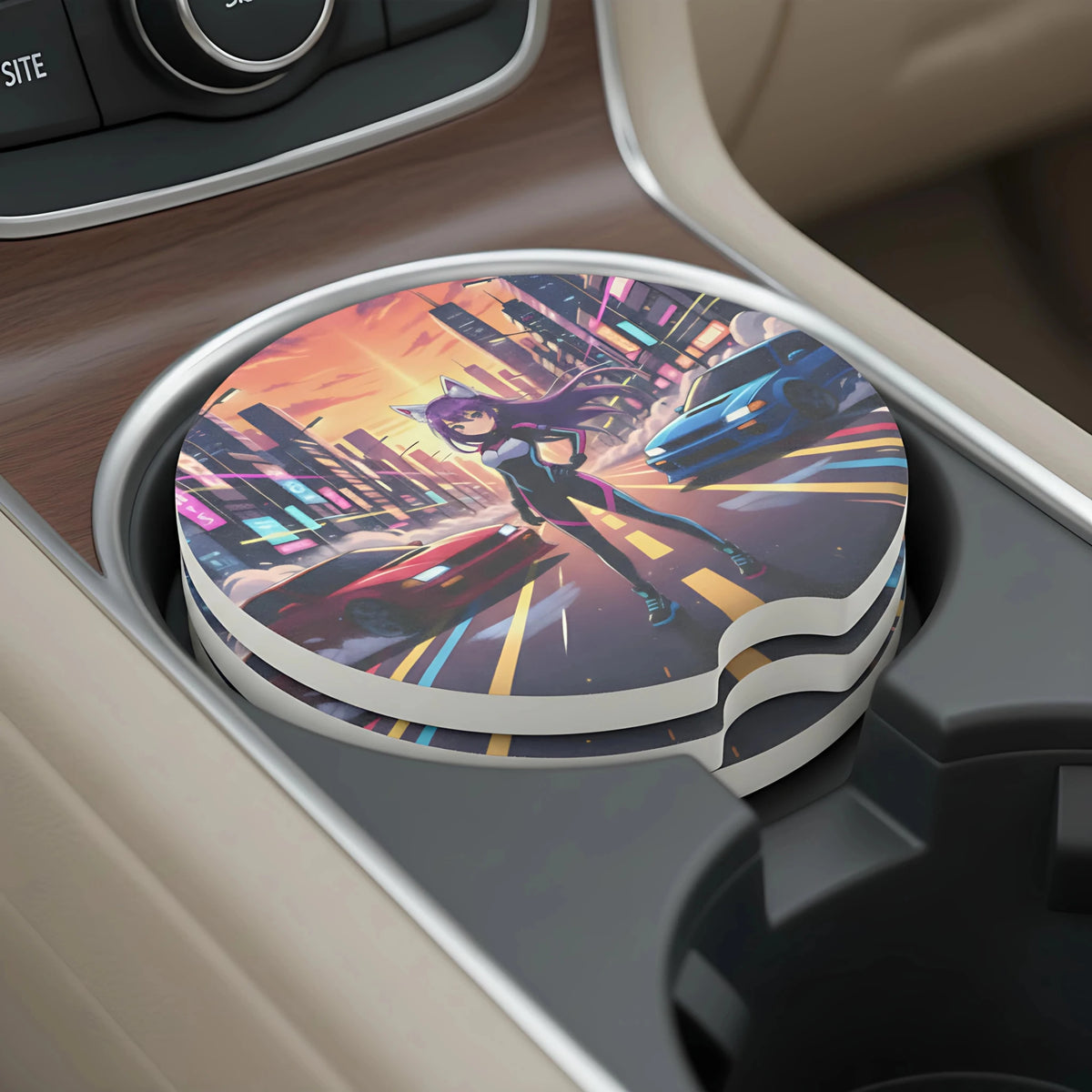 Anime Catgirl Street Racing Car Coasters Set - Road Muse