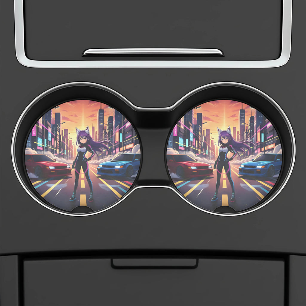 Anime Catgirl Street Racing Car Coasters Set - Road Muse