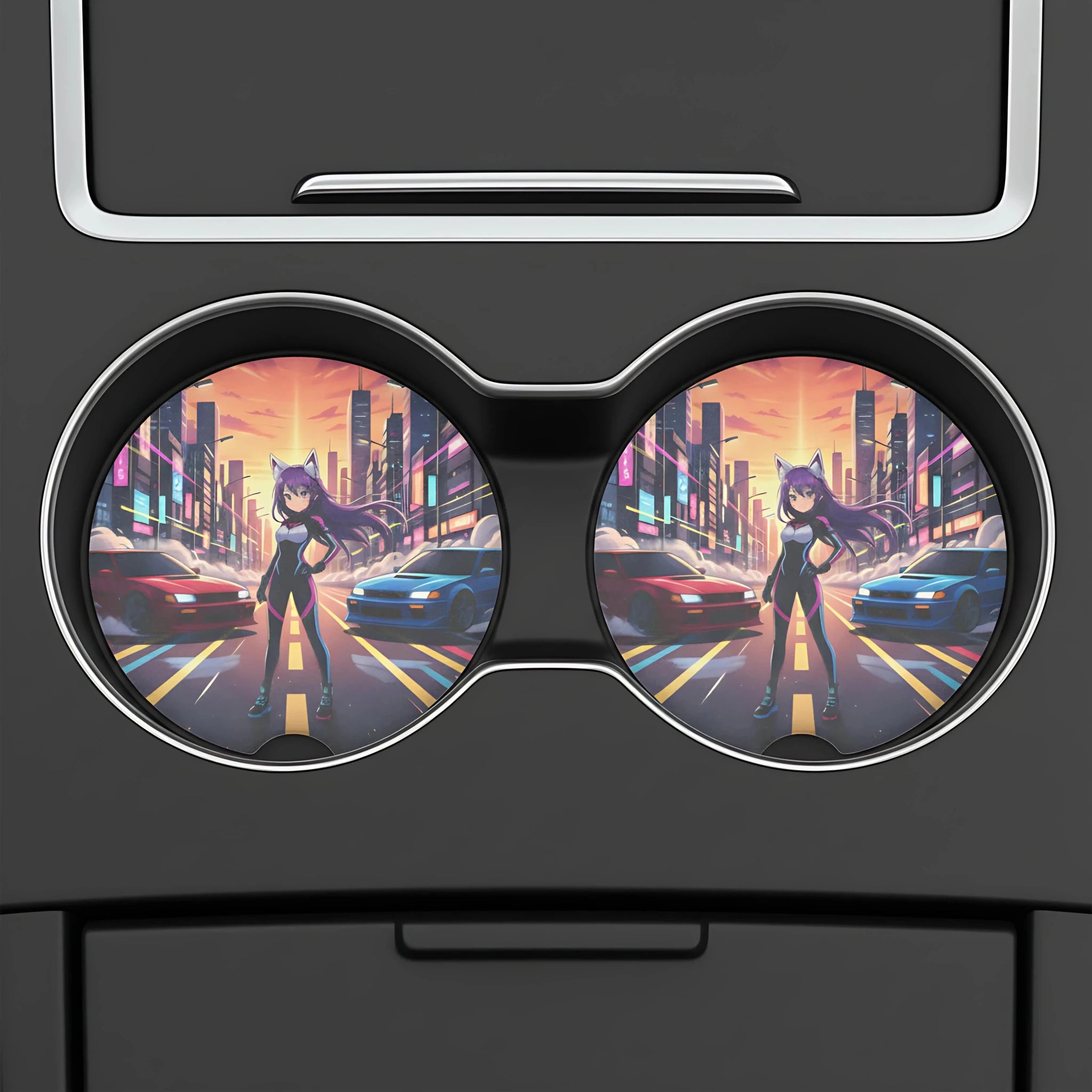 Anime Catgirl Street Racing Car Coasters Set - Road Muse