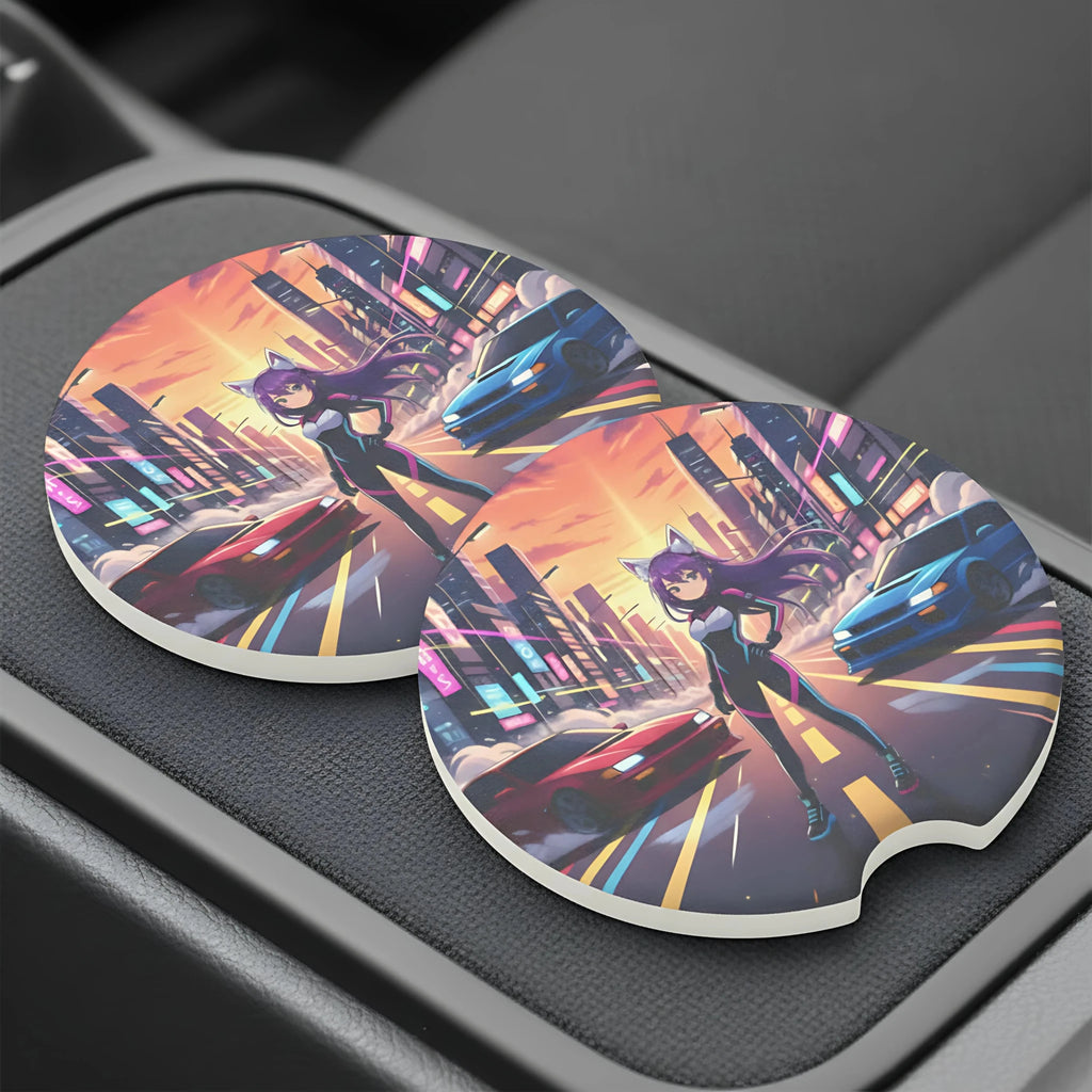 Anime Catgirl Street Racing Car Coasters Set - Road Muse