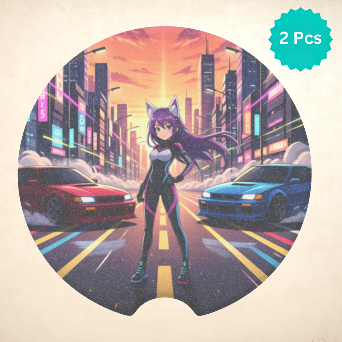 Anime Catgirl Street Racing Car Coasters Set - Road Muse