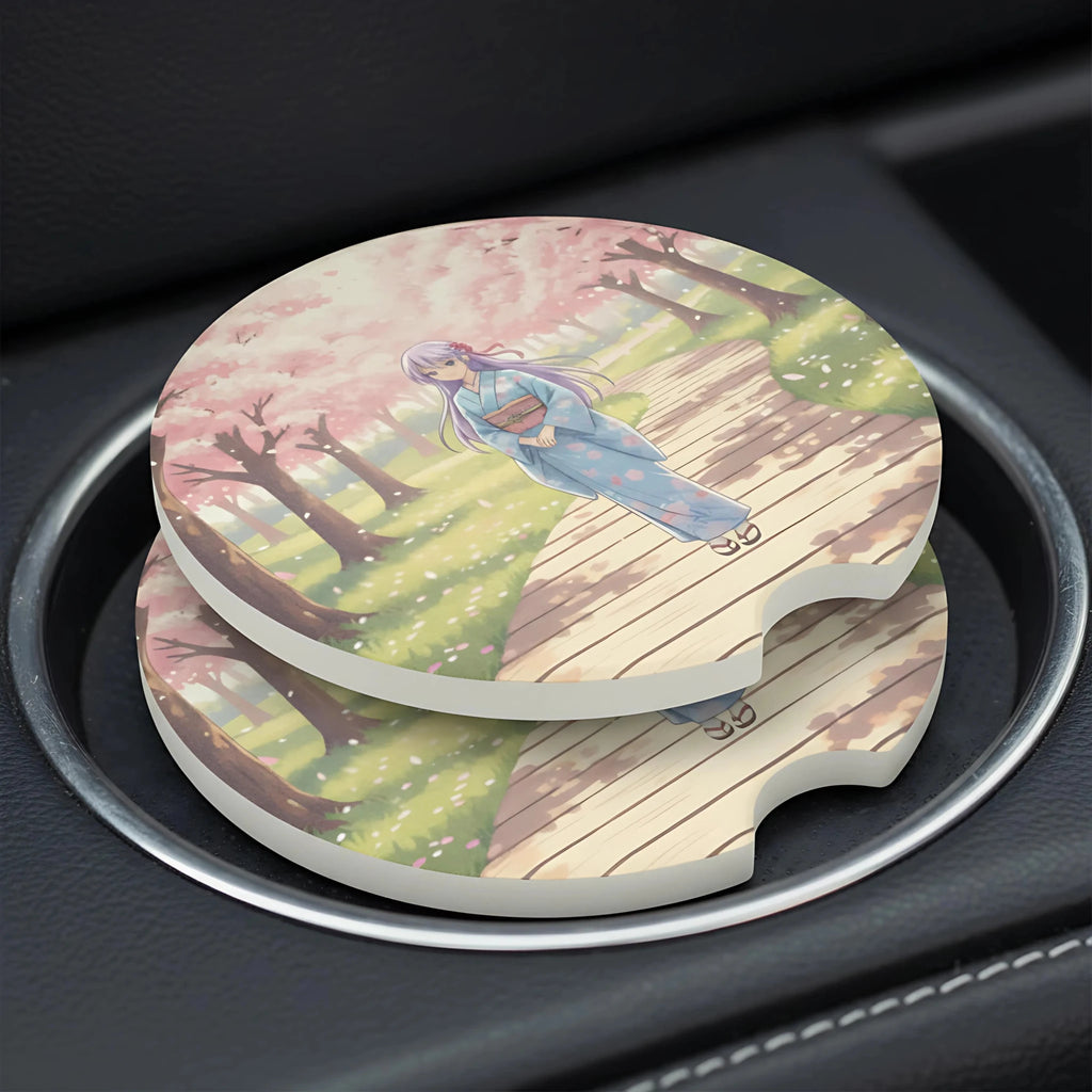 Anime Girl Kimono Cherry Blossom Car Coasters Set - Road Muse