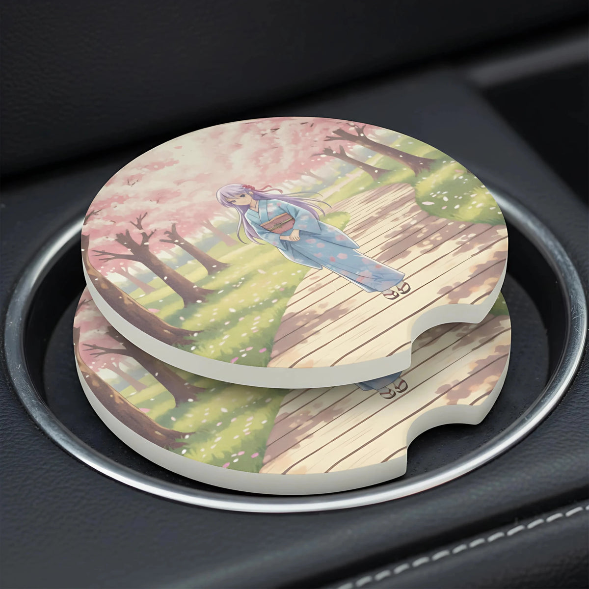 Anime Girl Kimono Cherry Blossom Car Coasters Set - Road Muse