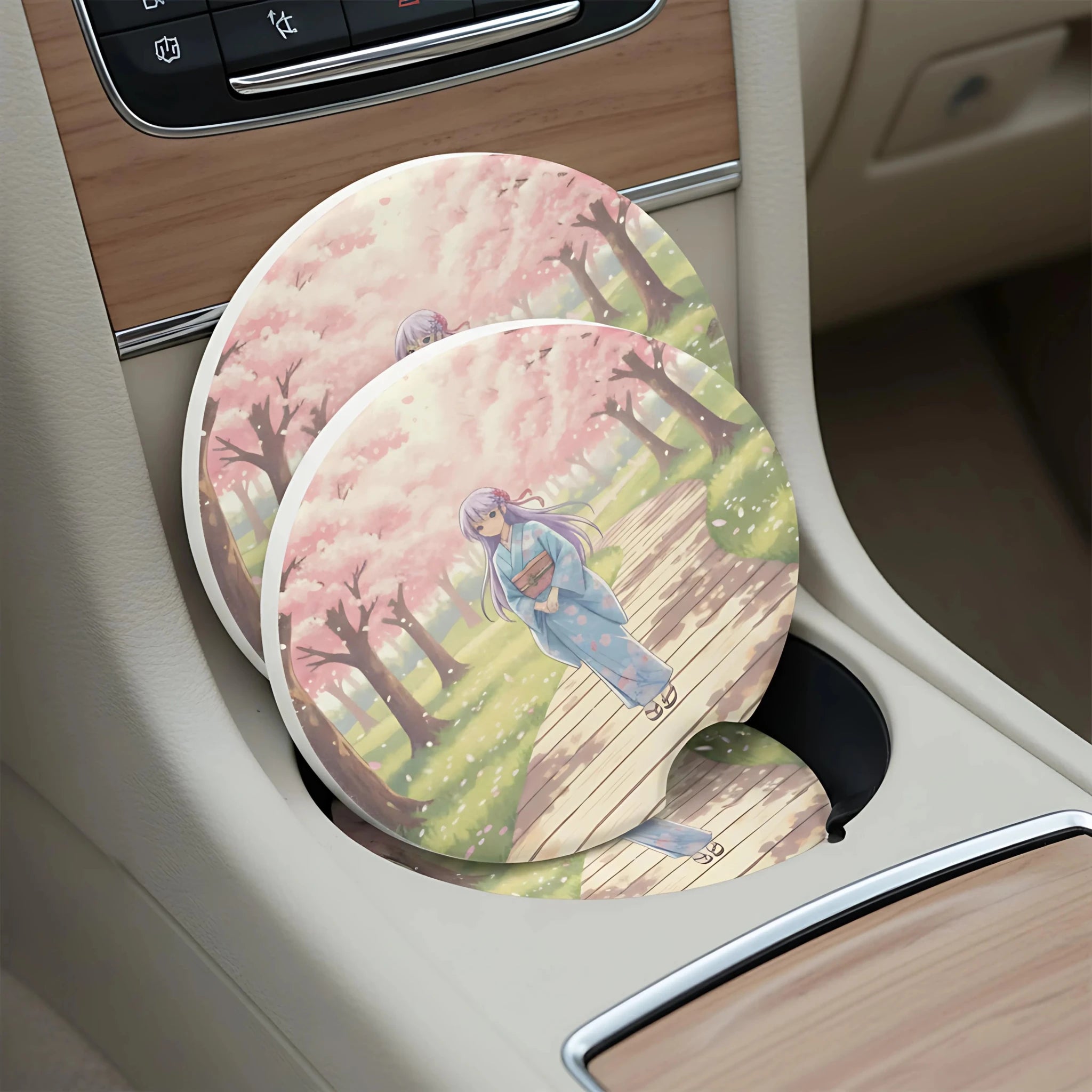 Anime Girl Kimono Cherry Blossom Car Coasters Set - Road Muse
