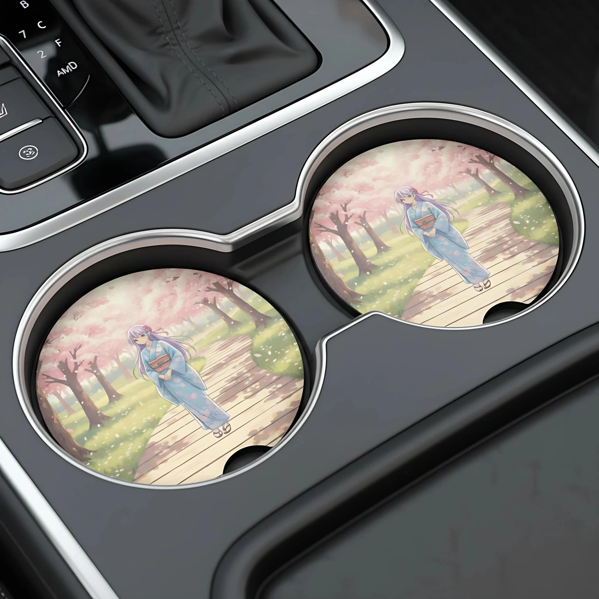 Anime Girl Kimono Cherry Blossom Car Coasters Set - Road Muse