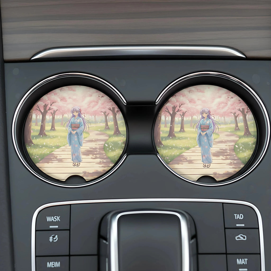Anime Girl Kimono Cherry Blossom Car Coasters Set - Road Muse
