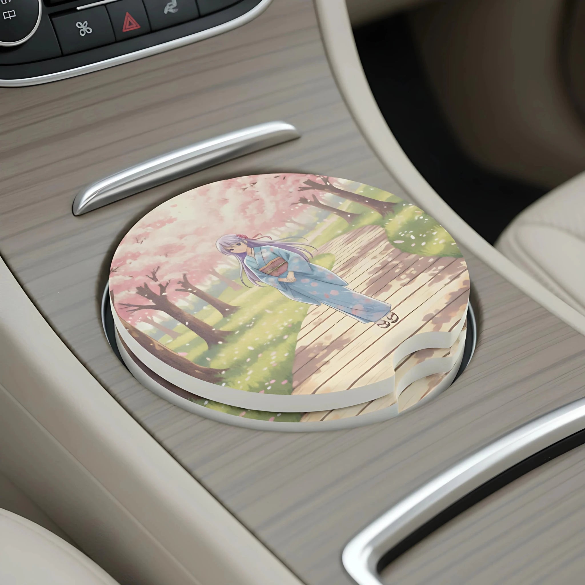Anime Girl Kimono Cherry Blossom Car Coasters Set - Road Muse