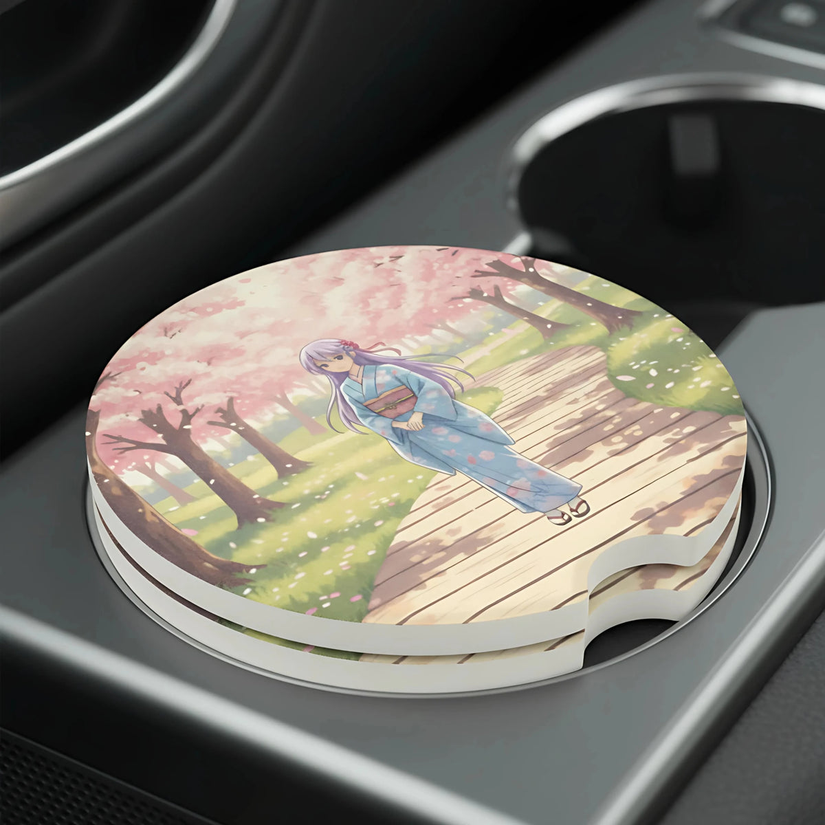 Anime Girl Kimono Cherry Blossom Car Coasters Set - Road Muse