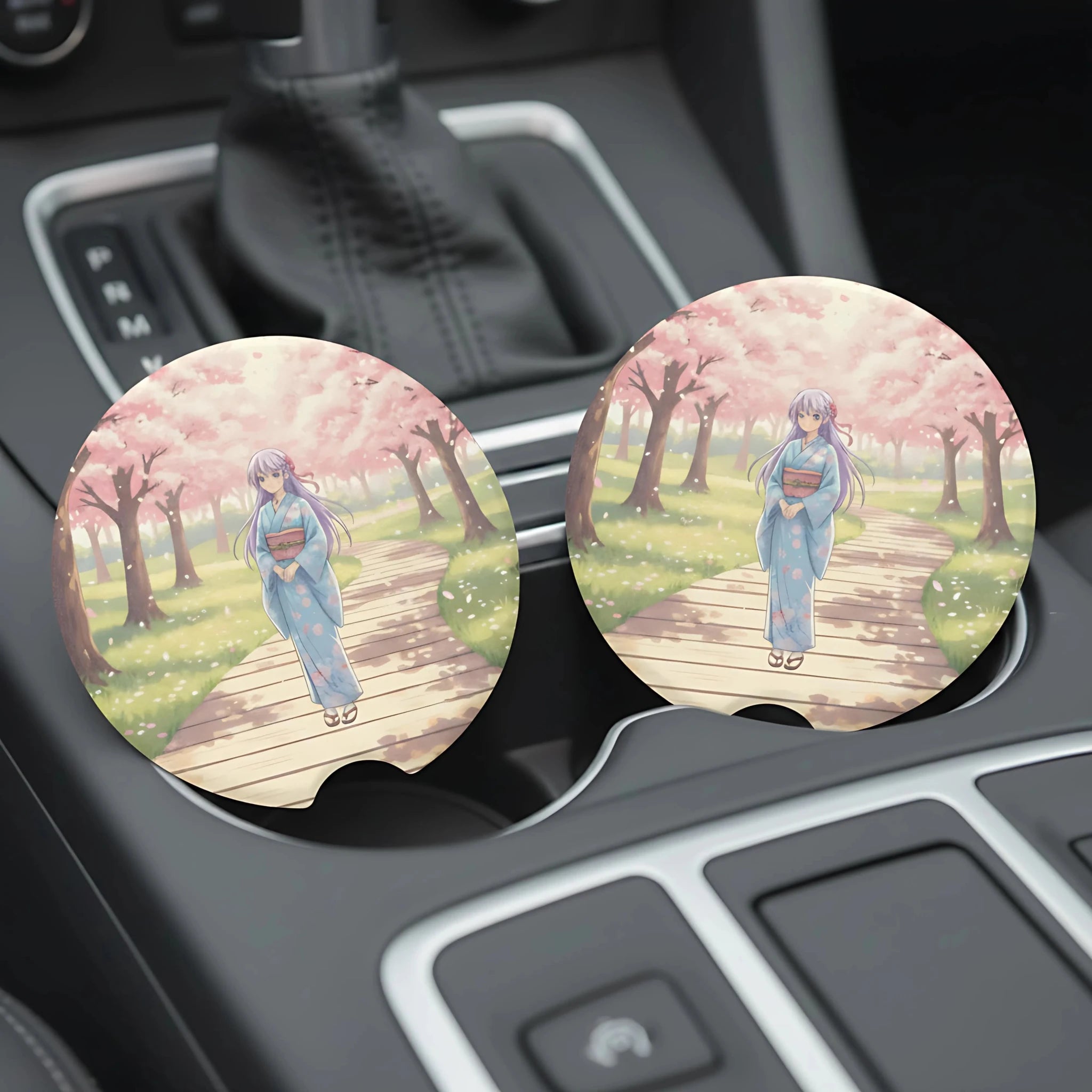 Anime Girl Kimono Cherry Blossom Car Coasters Set - Road Muse