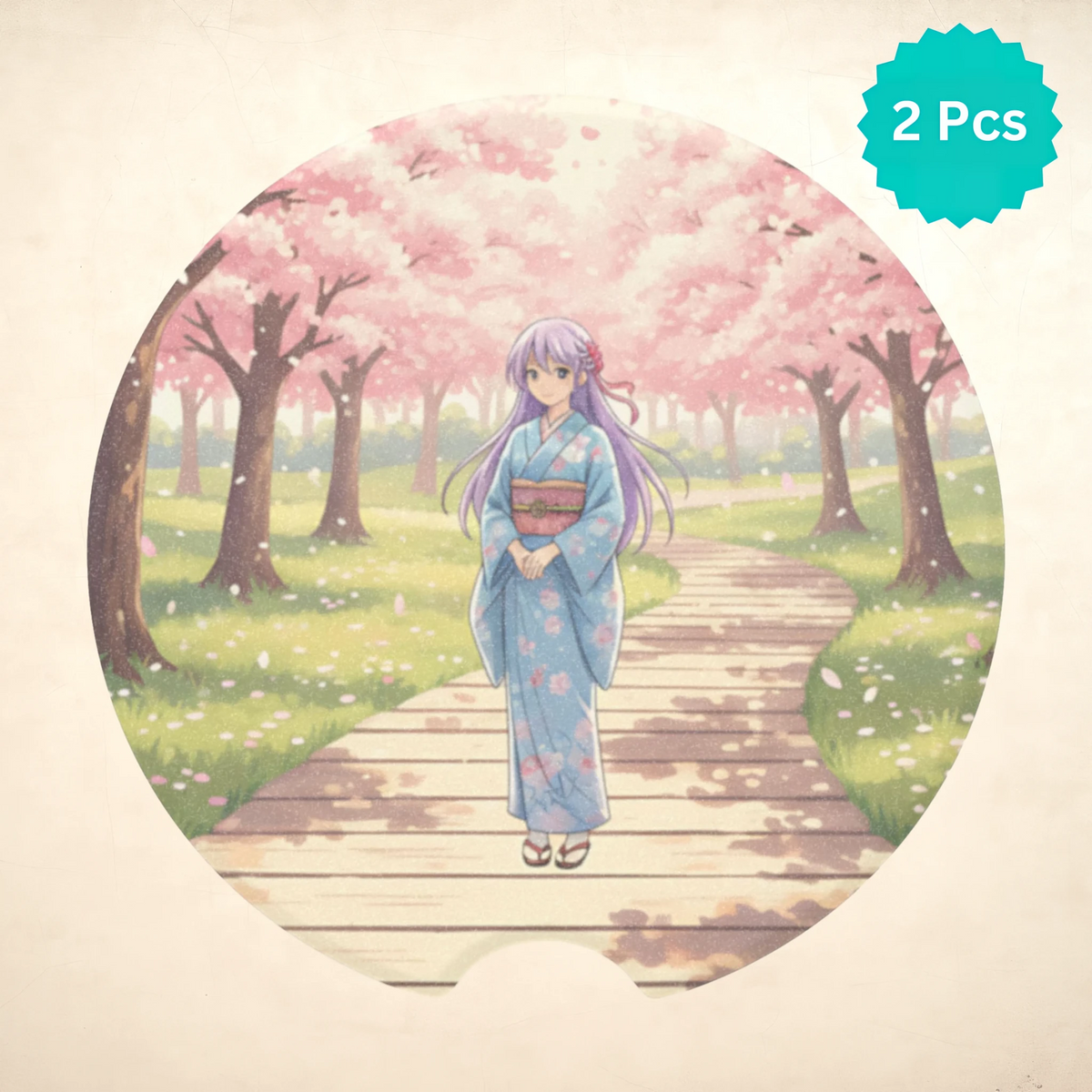 Anime Girl Kimono Cherry Blossom Car Coasters Set - Road Muse