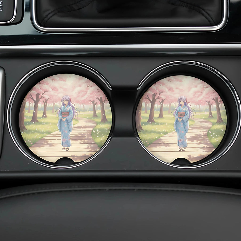 Anime Girl Kimono Cherry Blossom Car Coasters Set - Road Muse