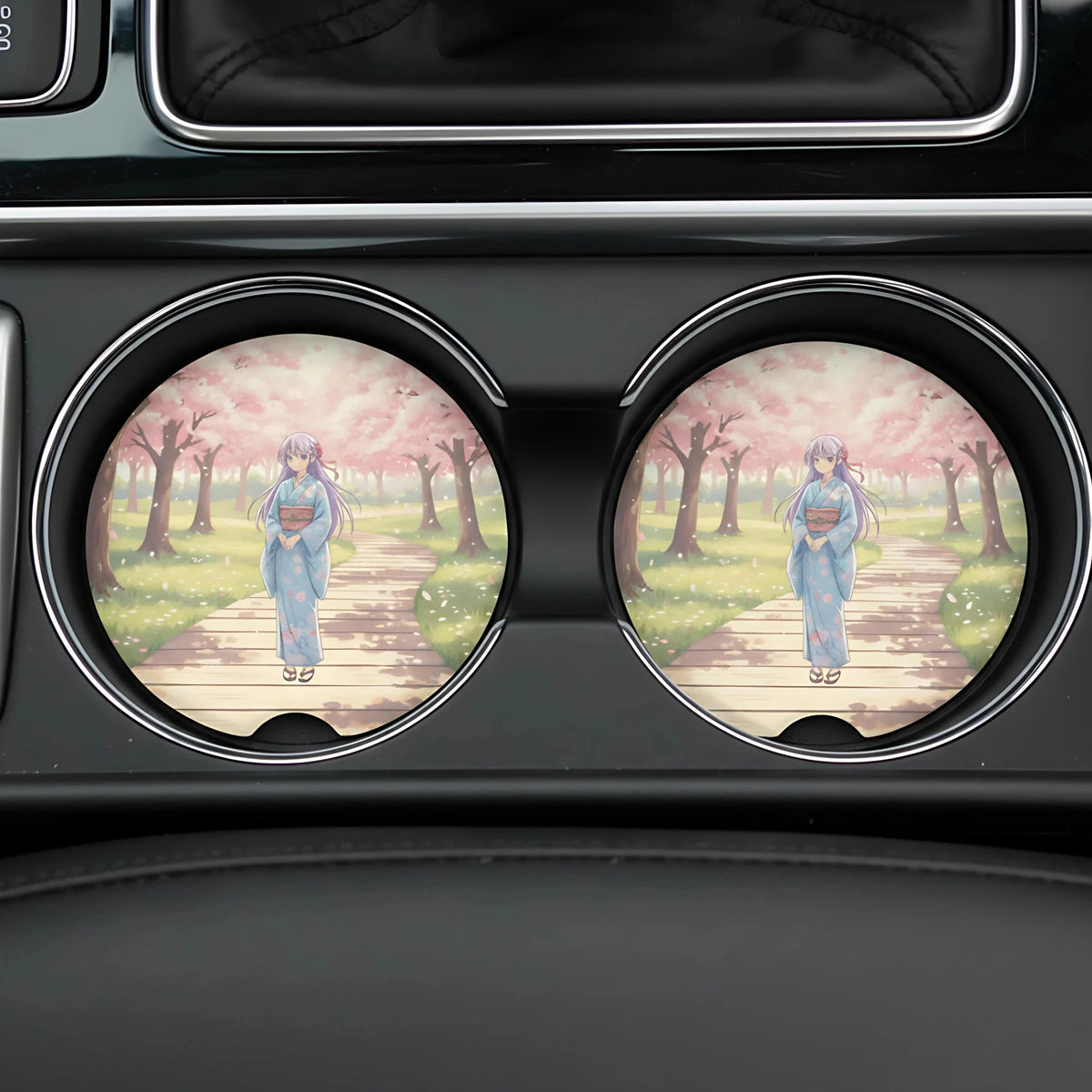 Anime Girl Kimono Cherry Blossom Car Coasters Set - Road Muse