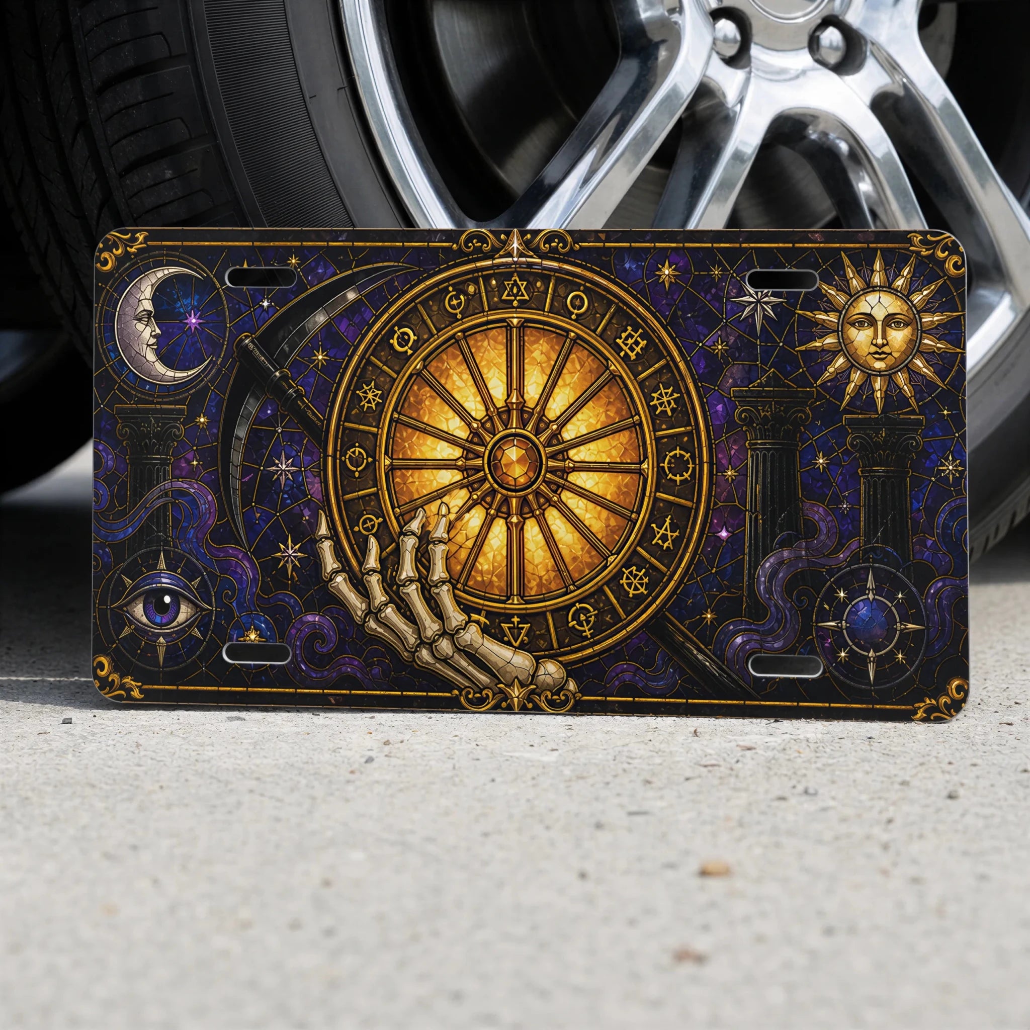 Astrology Wheel Skeleton Hand Zodiac Vanity Plate - Road Muse