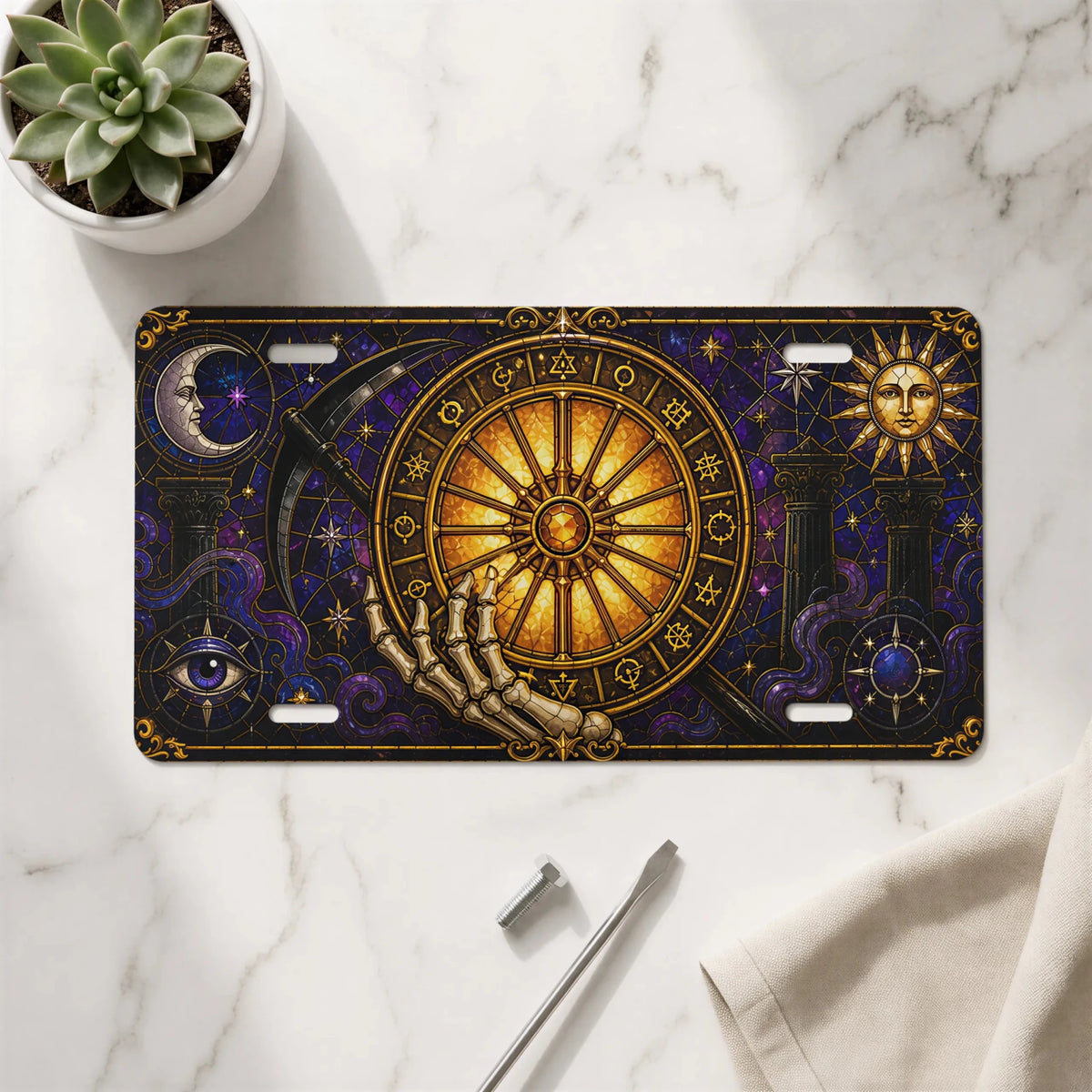 Astrology Wheel Skeleton Hand Zodiac Vanity Plate - Road Muse