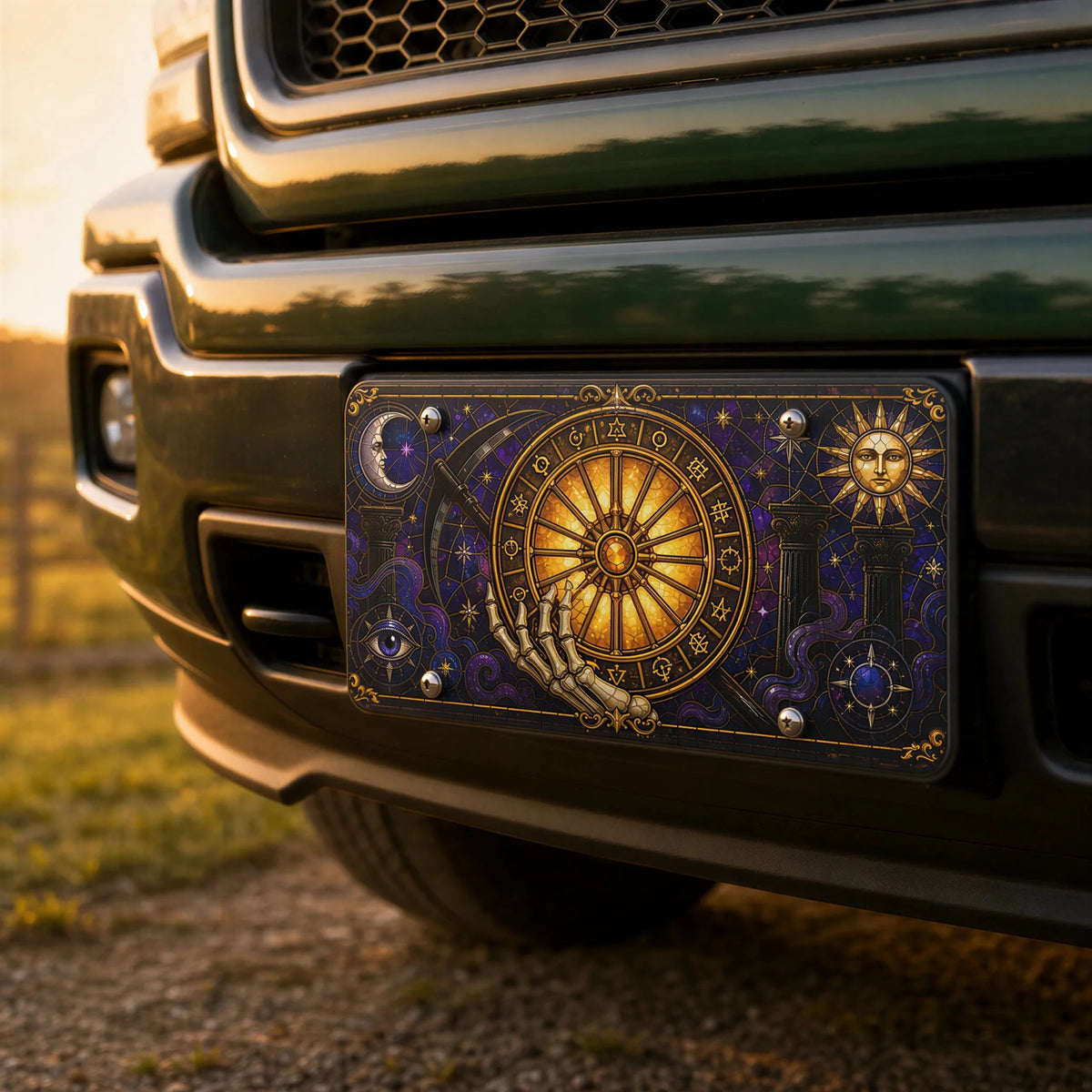 Astrology Wheel Skeleton Hand Zodiac Vanity Plate - Road Muse