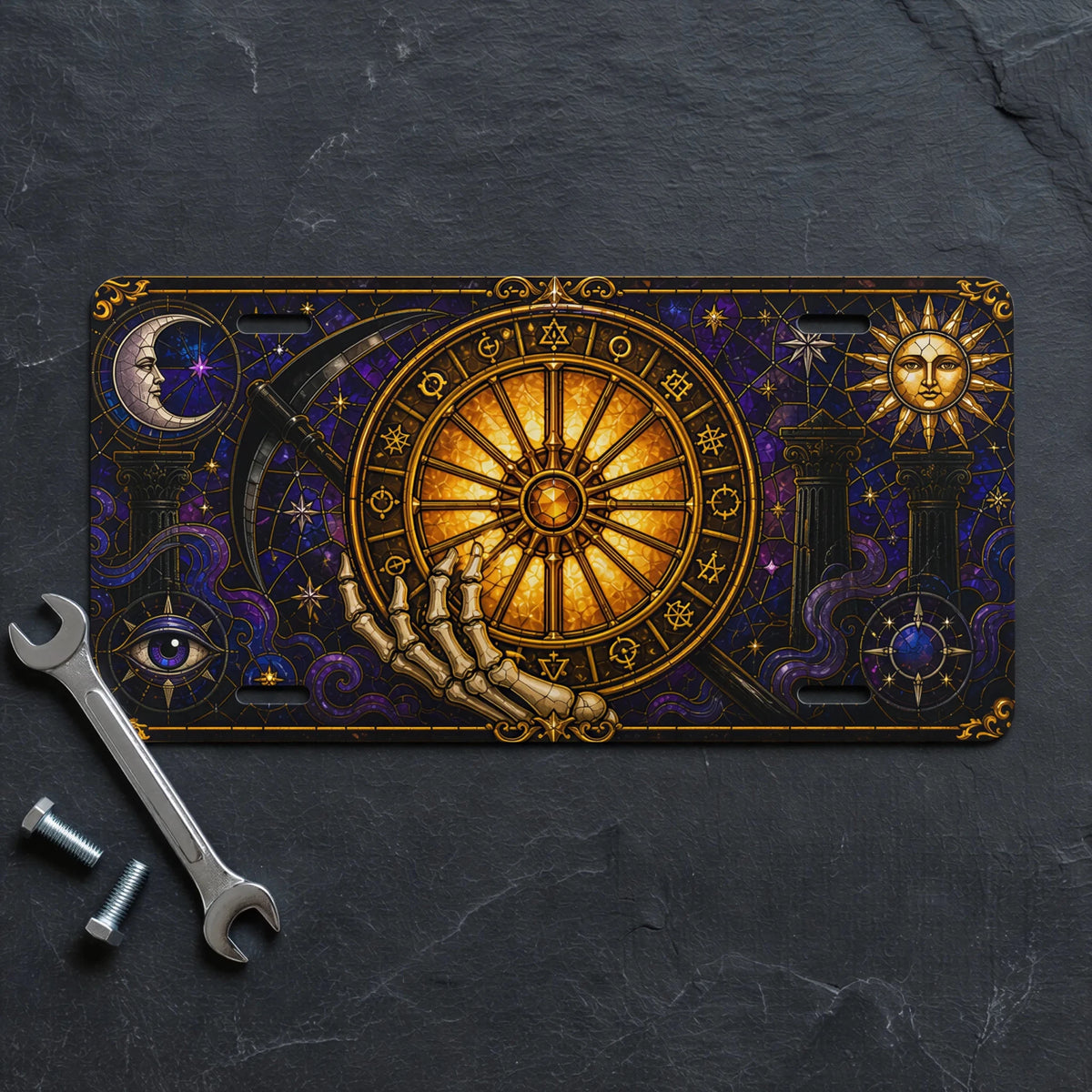 Astrology Wheel Skeleton Hand Zodiac Vanity Plate - Road Muse