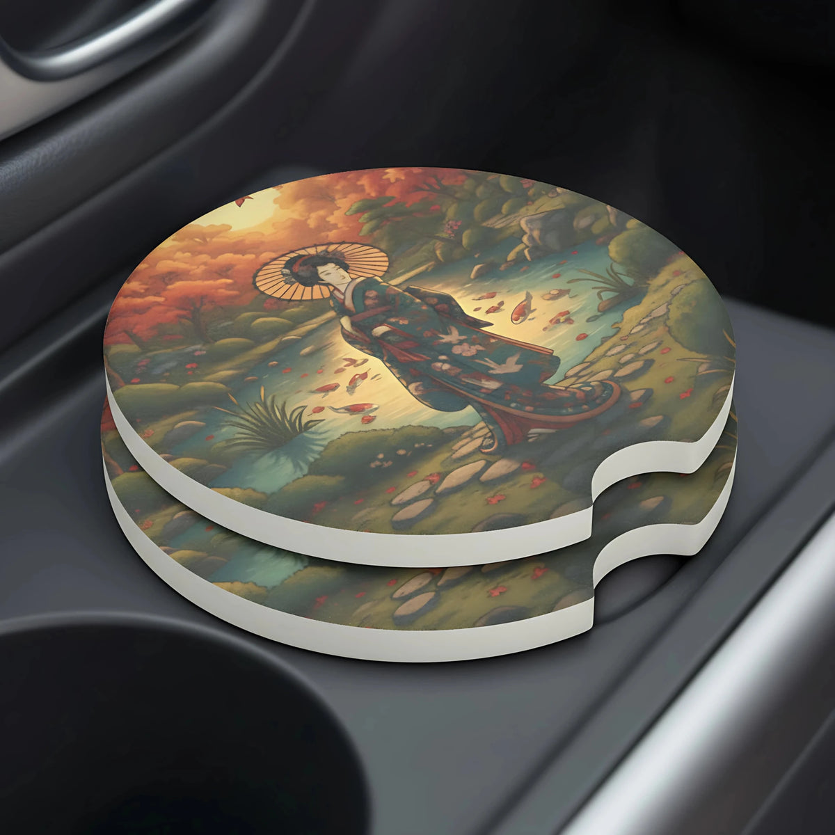 Autumn Geisha Car Coasters Set - Road Muse