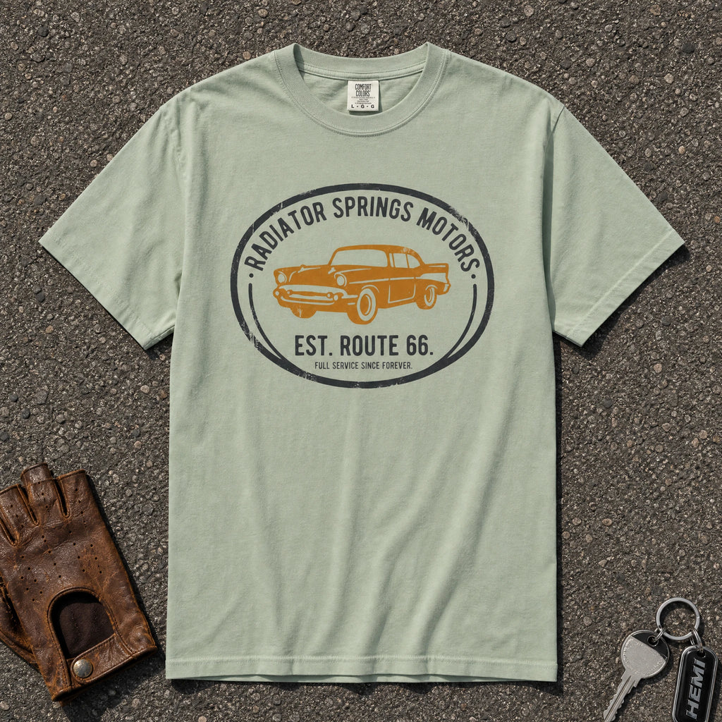 radiator springs route 66 retro tee - bay vintage motor club emblem comfort colors shirt
