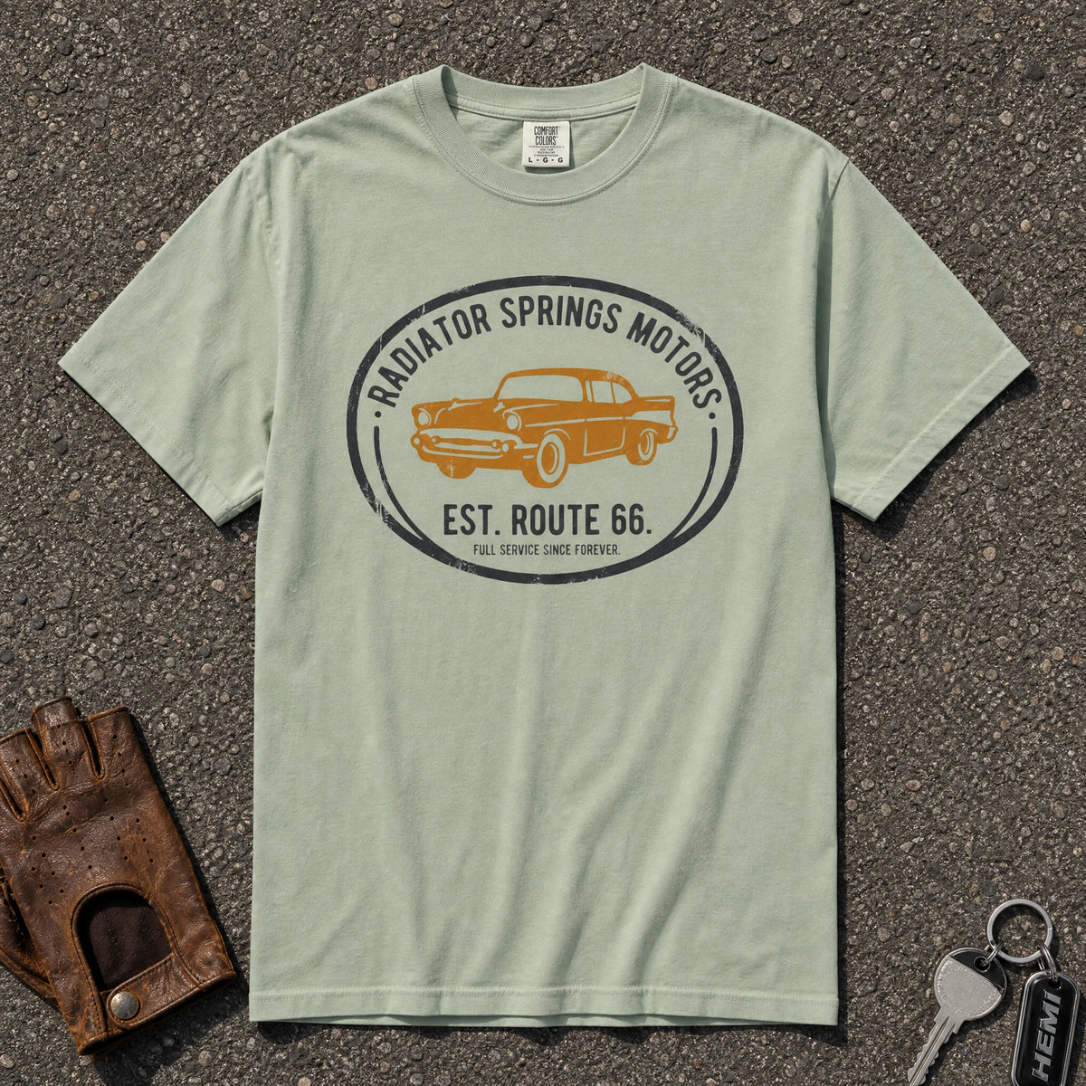 radiator springs route 66 retro tee - bay vintage motor club emblem comfort colors shirt