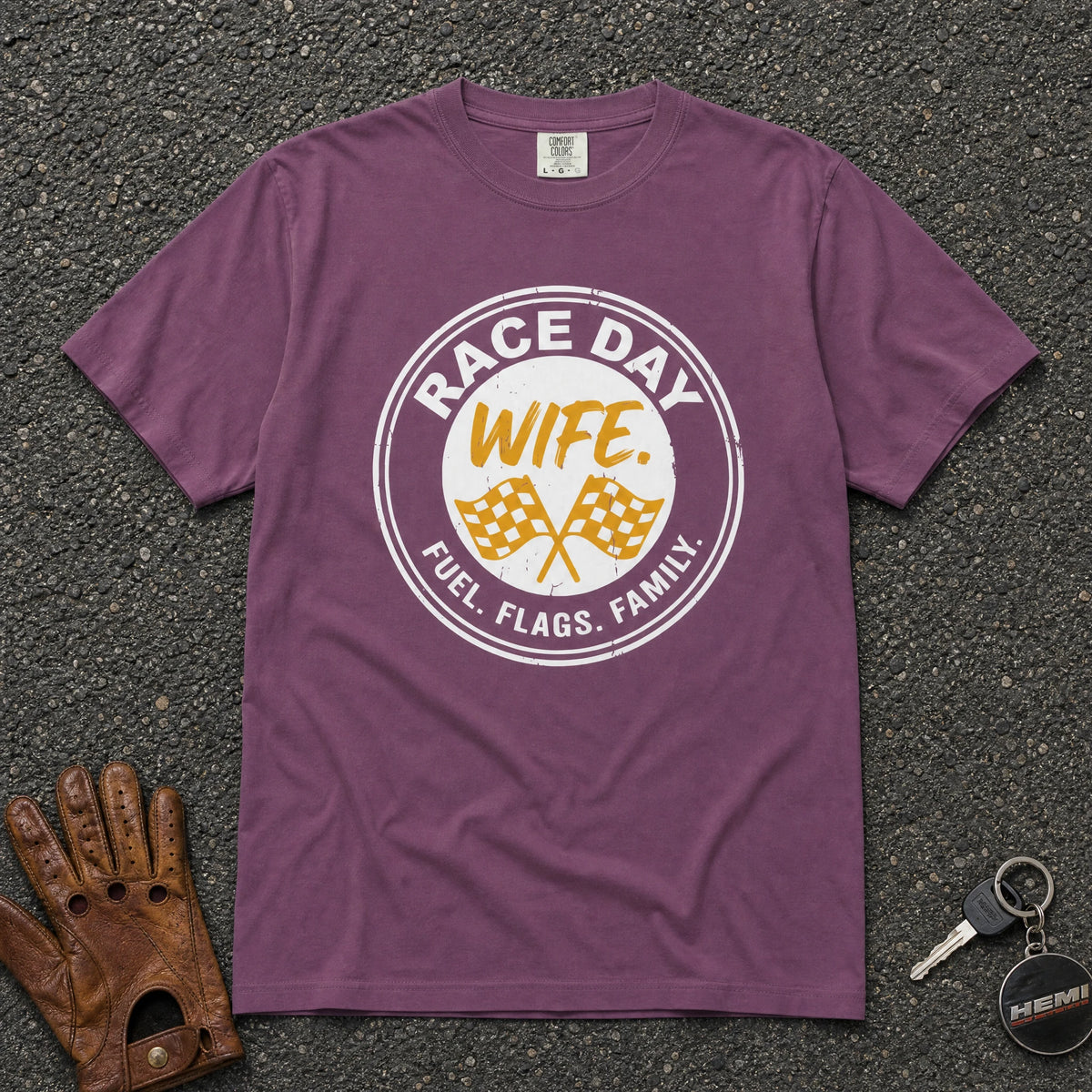 berry race day wife circle flags graphic tee — vintage motorsport wife comfort colors shirt