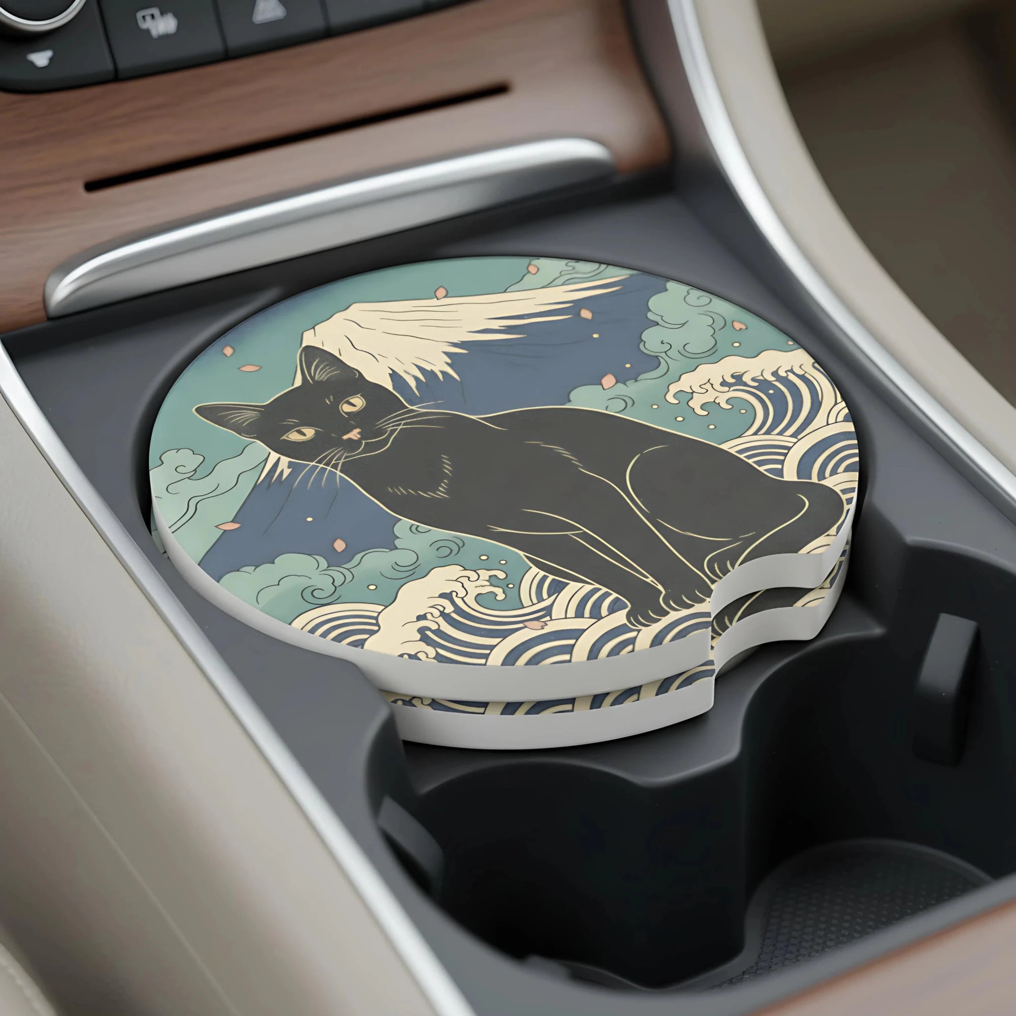 Black Cat Mount Fuji Car Coasters Set - Road Muse