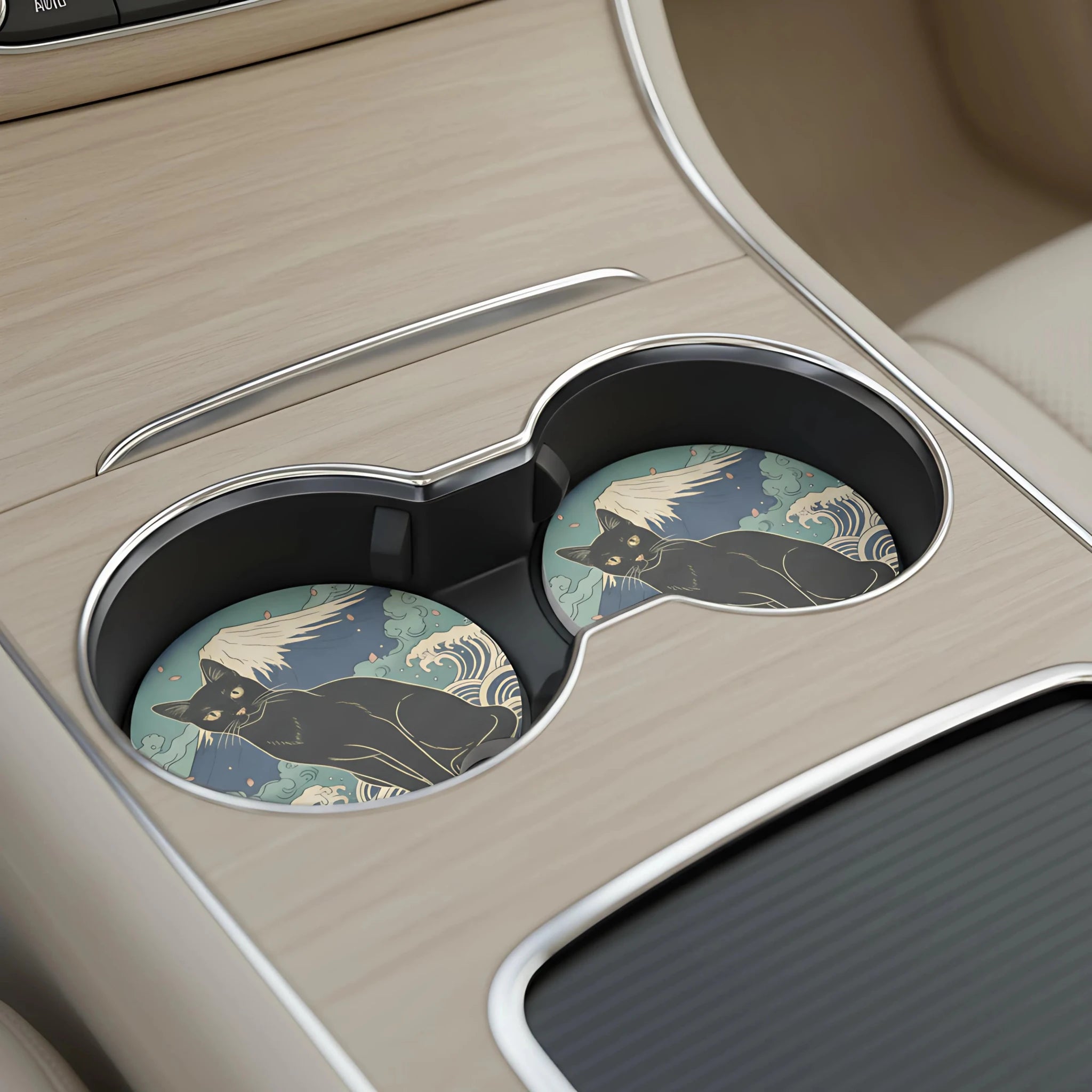 Black Cat Mount Fuji Car Coasters Set - Road Muse