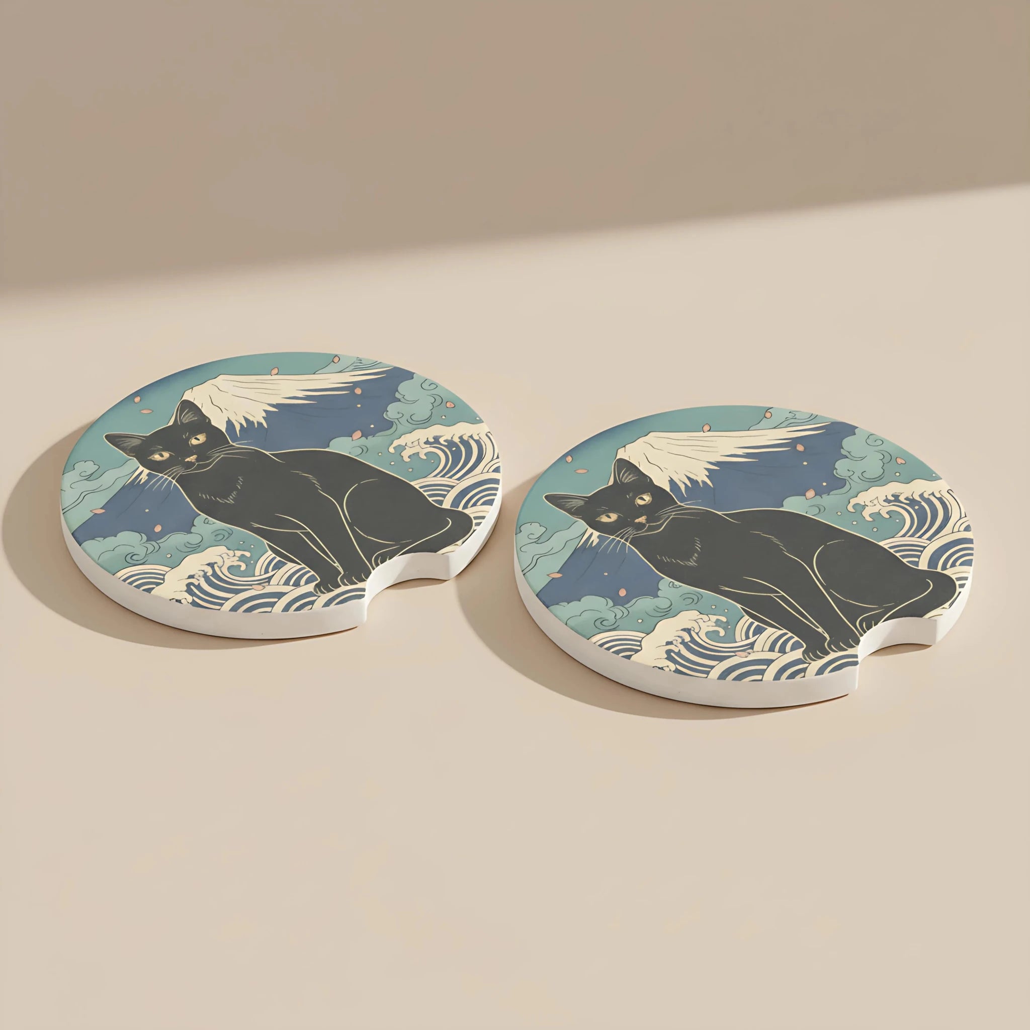 Black Cat Mount Fuji Car Coasters Set - Road Muse