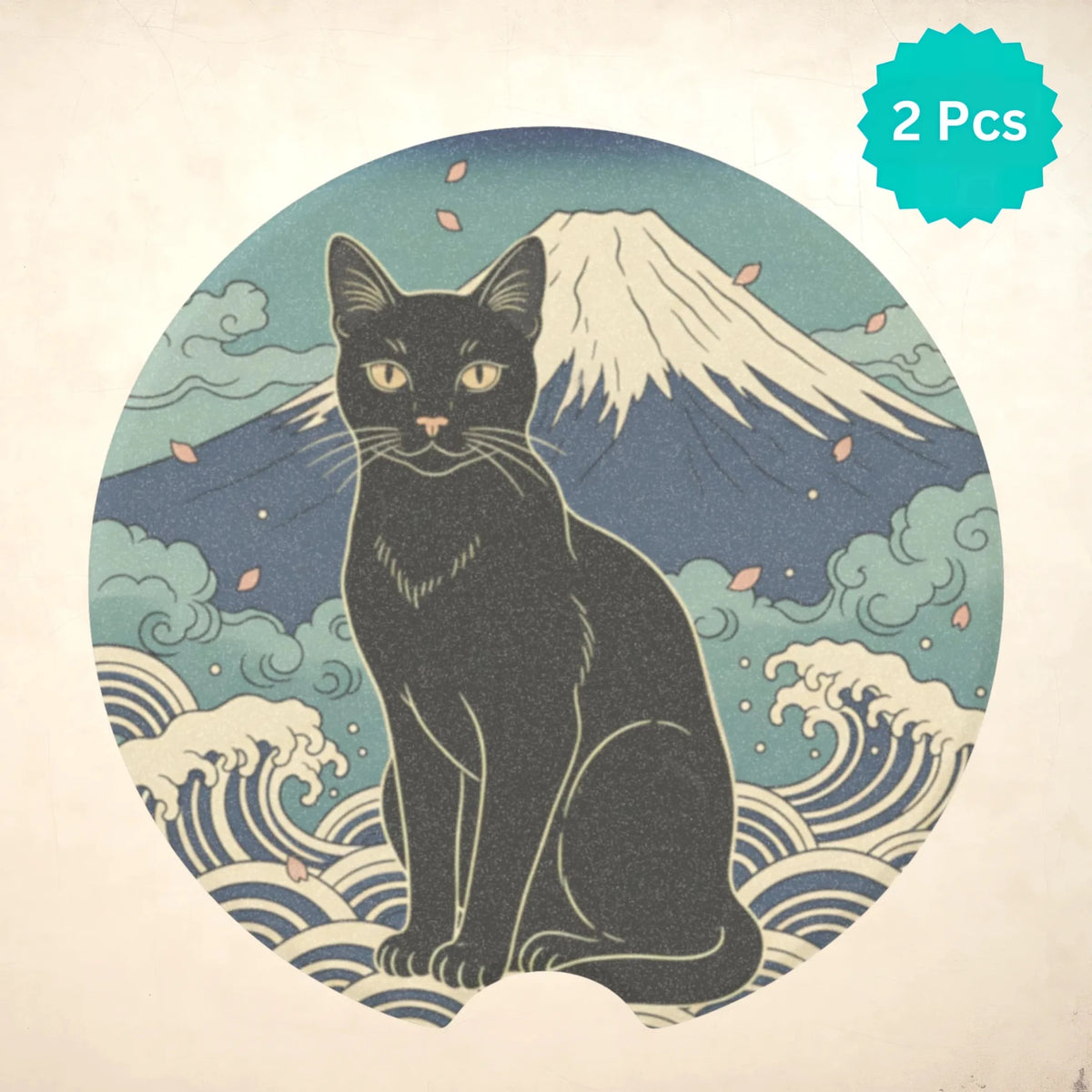 Black Cat Mount Fuji Car Coasters Set - Road Muse