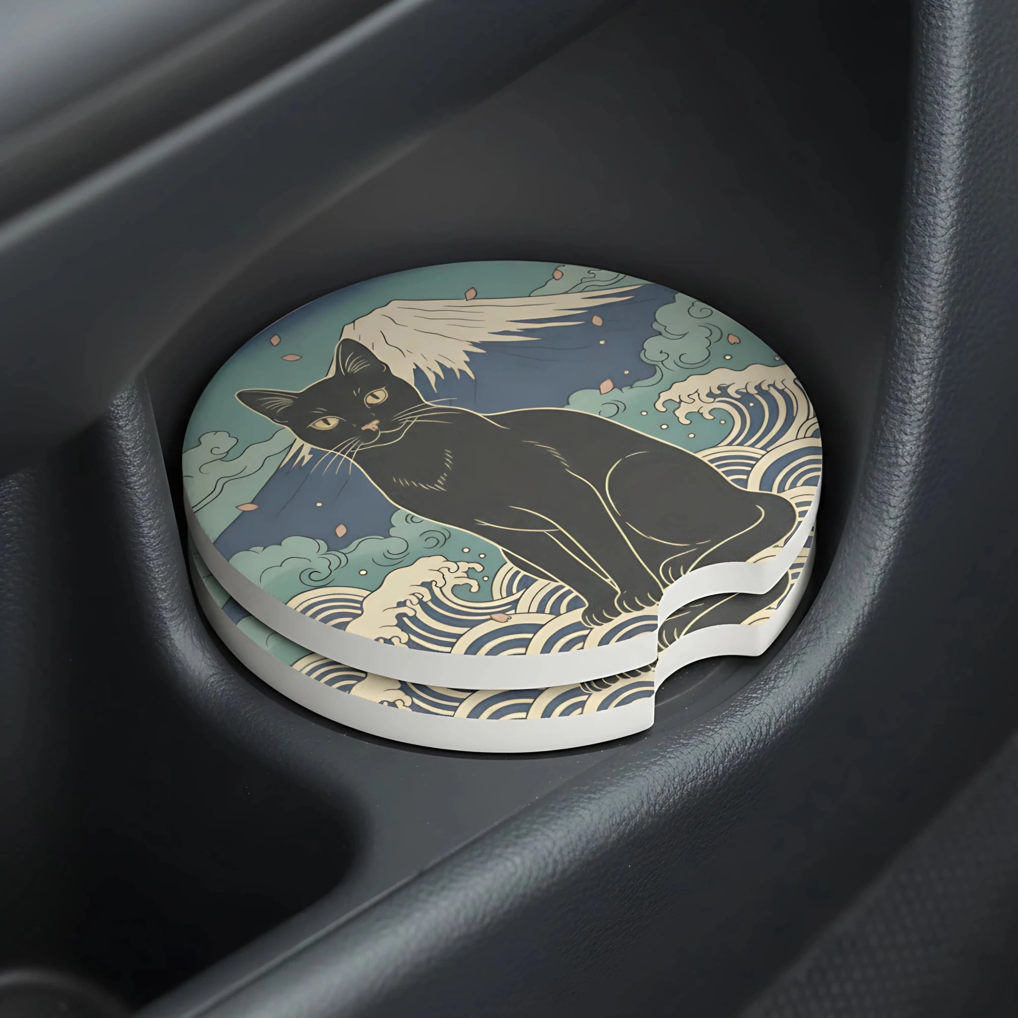 Black Cat Mount Fuji Car Coasters Set - Road Muse