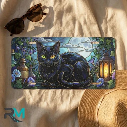 Black Cat Stained Glass Moonlit Vanity Plate - Road Muse