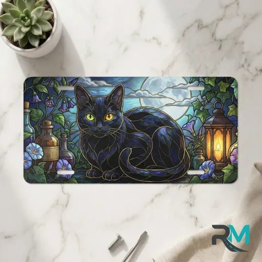 Black Cat Stained Glass Moonlit Vanity Plate - Road Muse