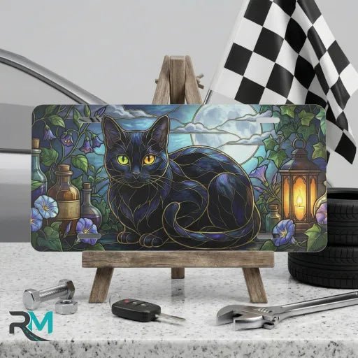 Black Cat Stained Glass Moonlit Vanity Plate - Road Muse