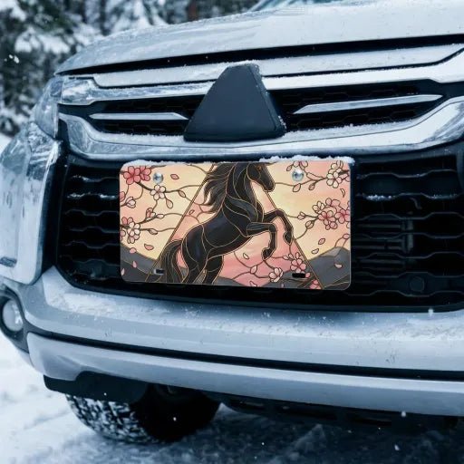 Black Unicorn Cherry Blossoms Vanity Plate - Road Muse