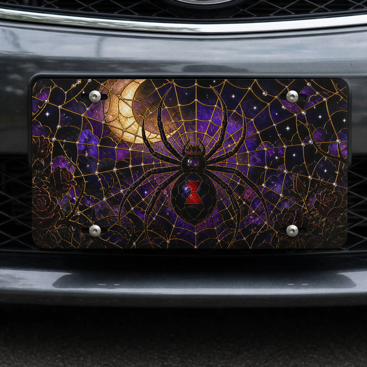 Black Widow Spider Web Moonlit Vanity Plate - Road Muse