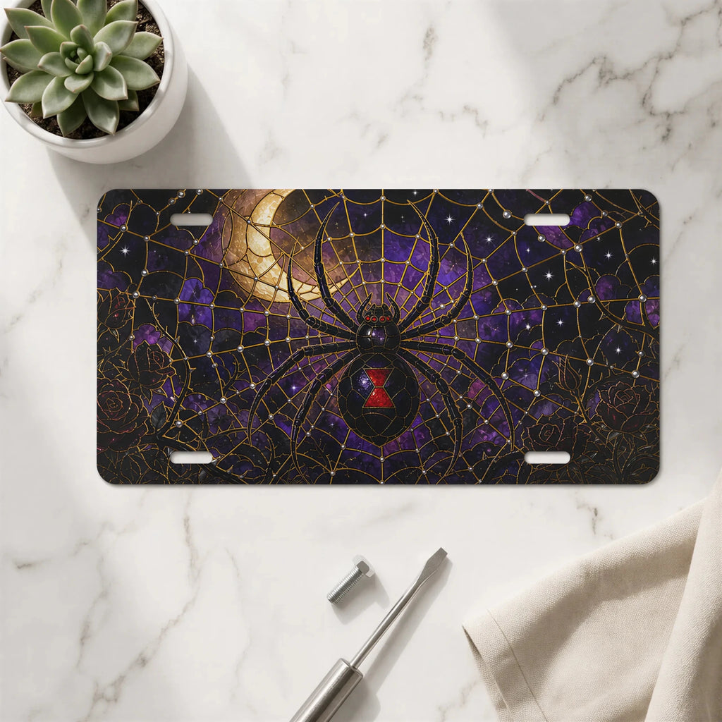 Black Widow Spider Web Moonlit Vanity Plate - Road Muse