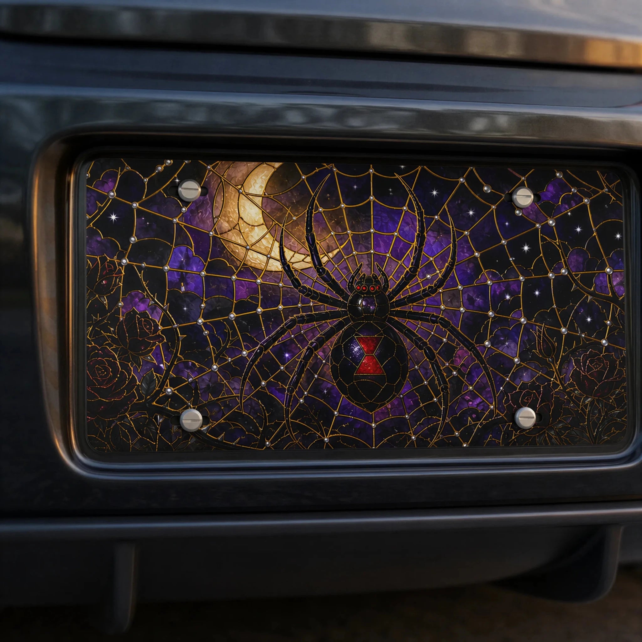 Black Widow Spider Web Moonlit Vanity Plate - Road Muse