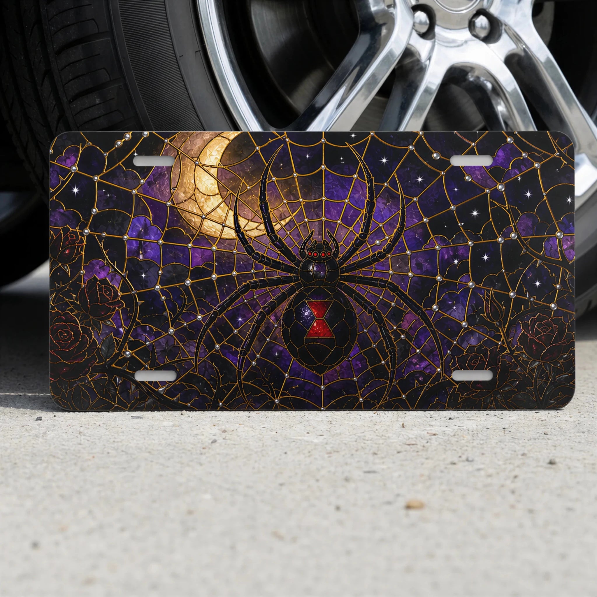 Black Widow Spider Web Moonlit Vanity Plate - Road Muse