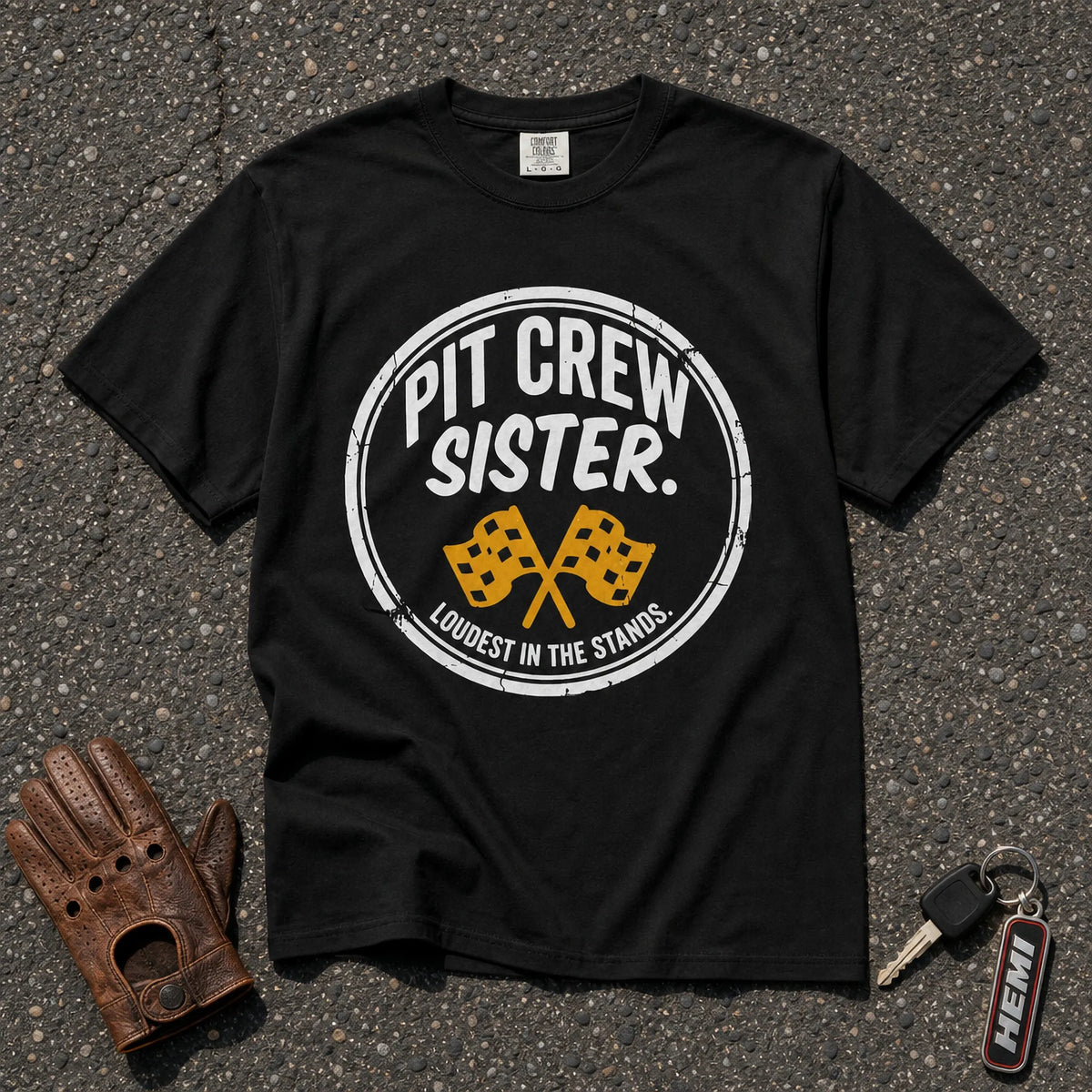 pit crew sister racing flags Comfort Colors graphic tee — black vintage motorsport shirt