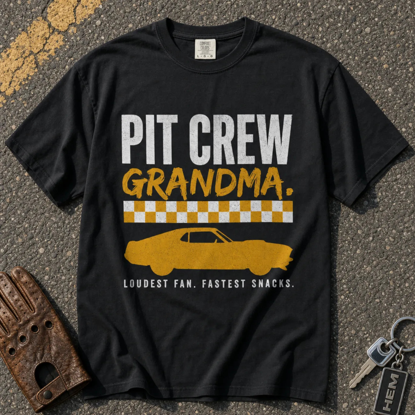 pit crew grandma racing car graphic tee — black vintage motorsport shirt