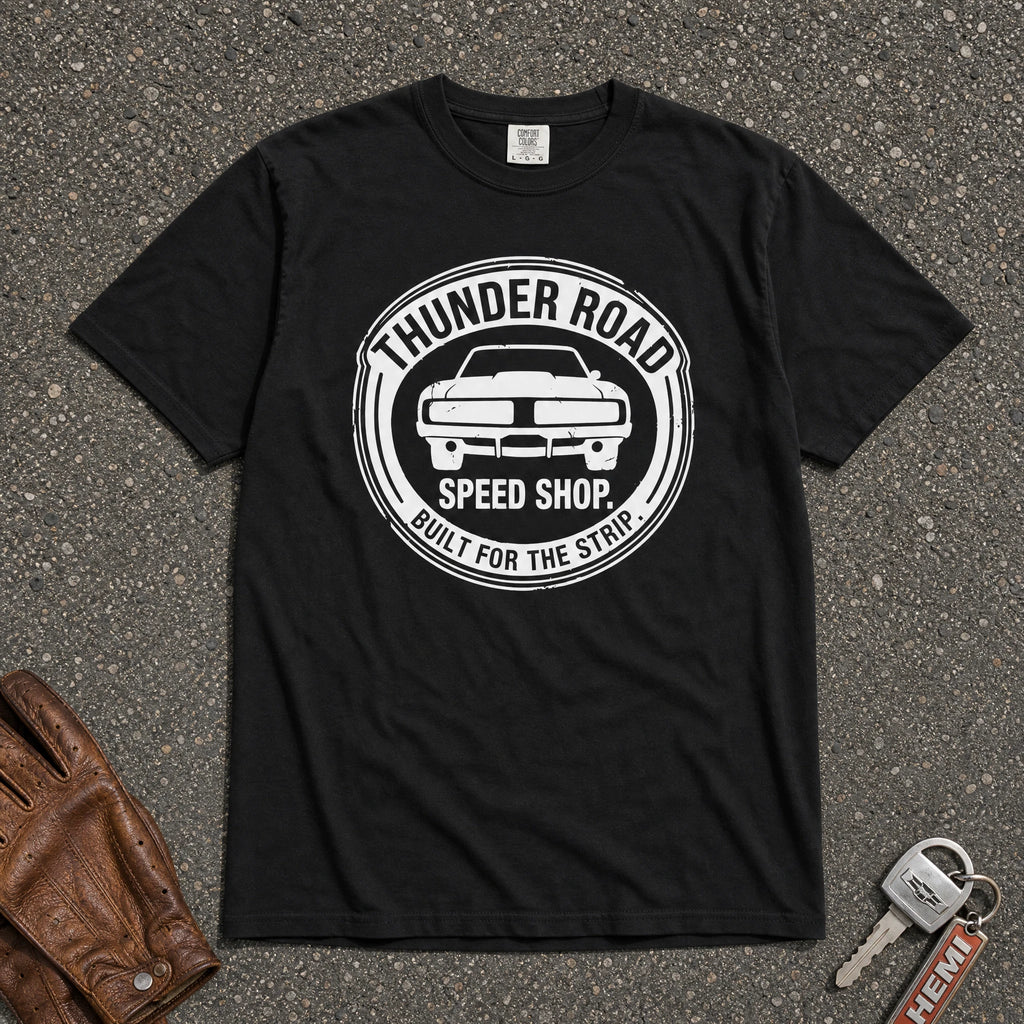 thunder road speed shop logo tee - black vintage muscle car round logo comfort colors shirt