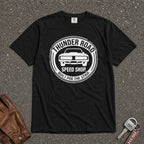 thunder road speed shop logo tee - black vintage muscle car round logo comfort colors shirt