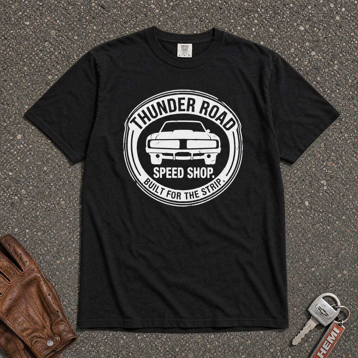 thunder road speed shop logo tee - black vintage muscle car round logo comfort colors shirt