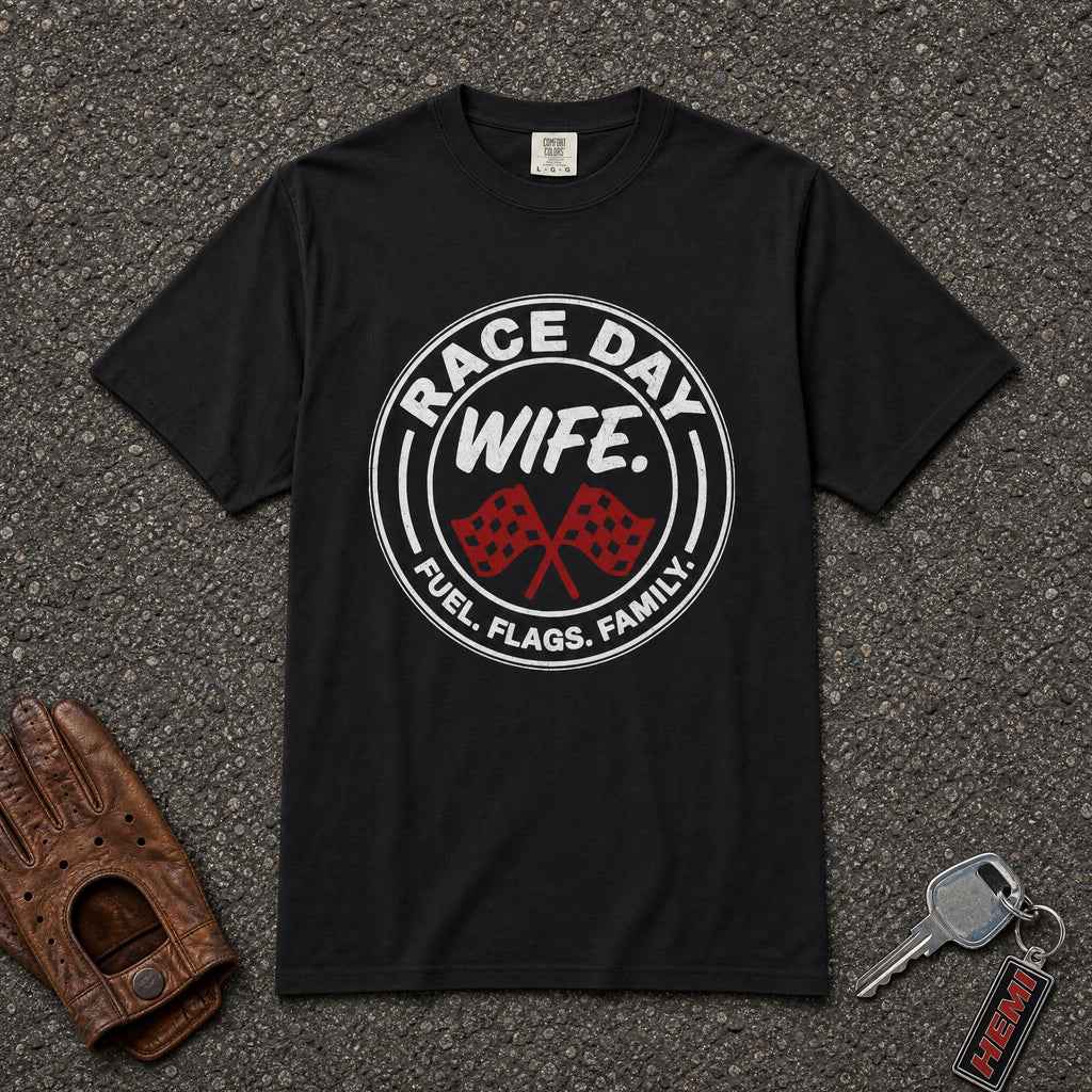 black race day wife graphic tshirt — fuel flags family bold checkered comfort colors tee