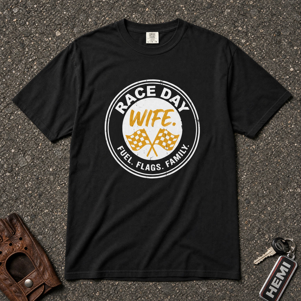 black race day wife circle flags tshirt — fuel flags family checkered badge comfort colors tee