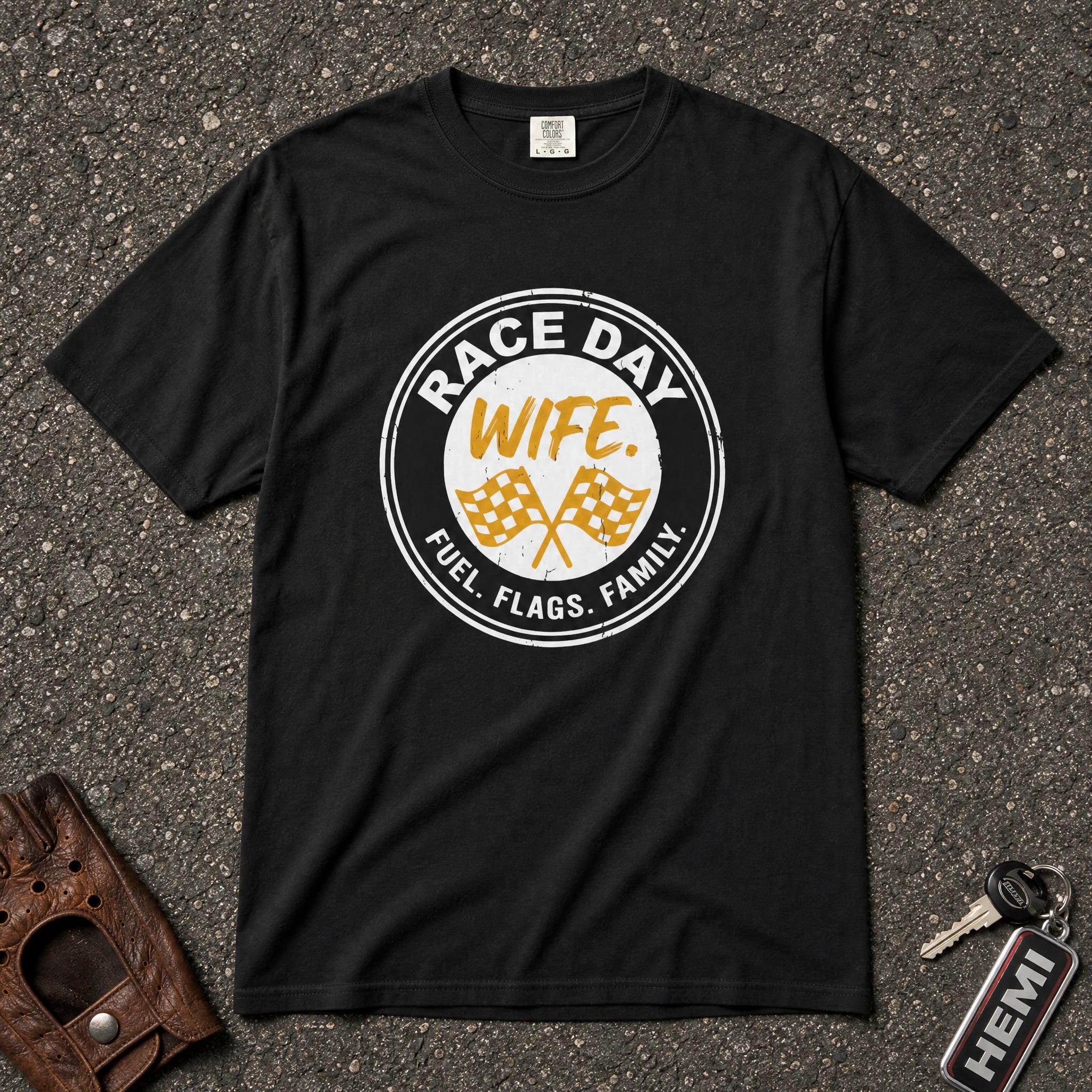 black race day wife circle flags tshirt — fuel flags family checkered badge comfort colors tee